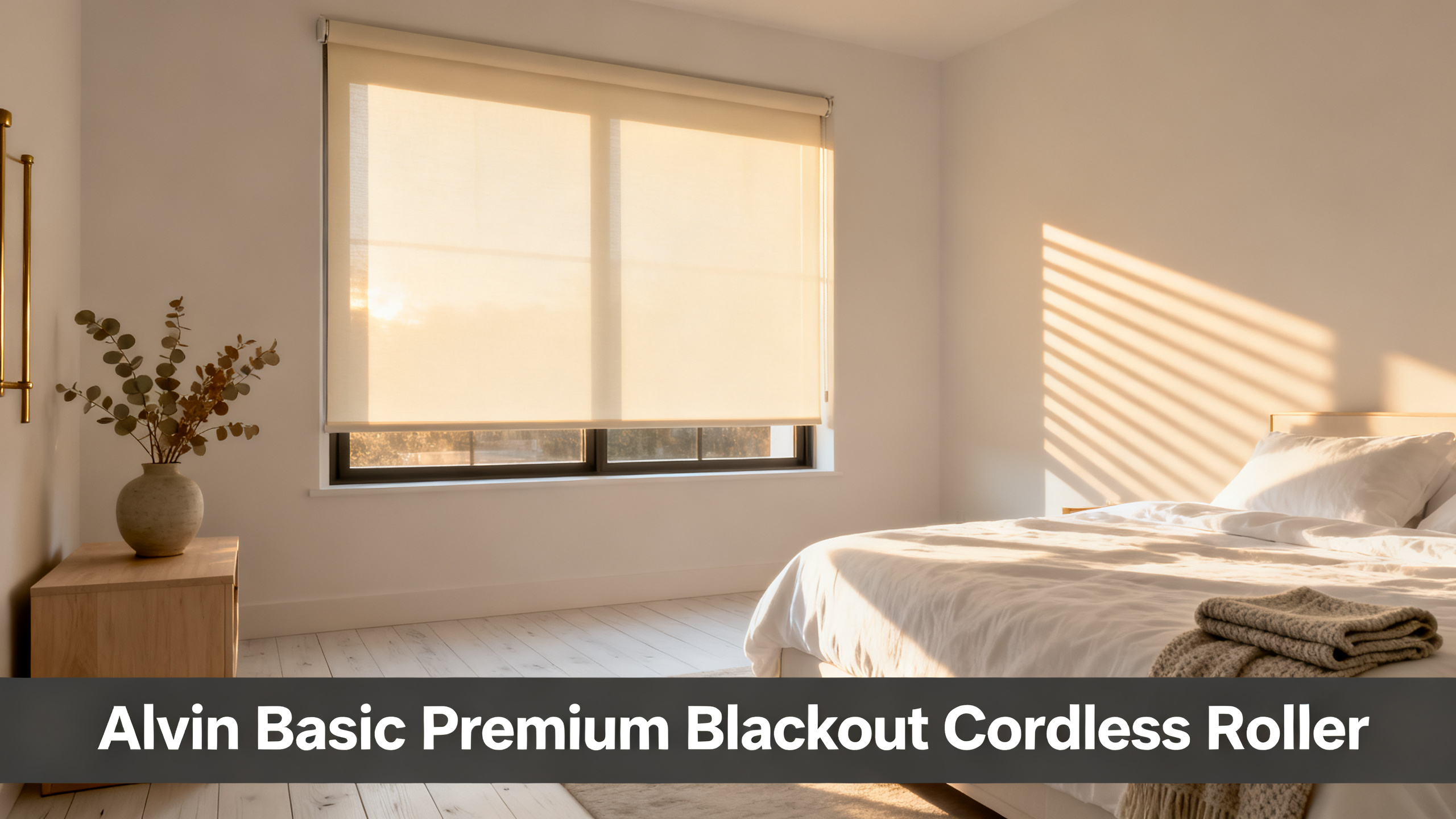Scandinavian-modern interior at golden hour with window treatment, neutral palette, editorial home photography for Alvin Basic Premium Blackout Cordless Roller