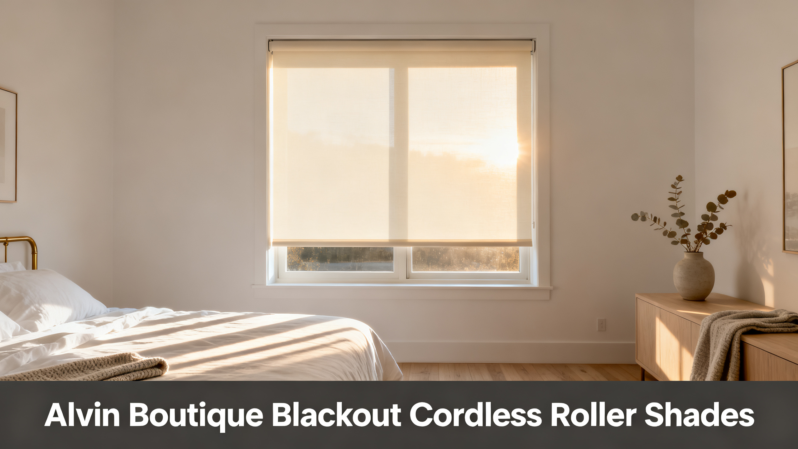 Scandinavian-modern interior at golden hour with window treatment, neutral palette, editorial home photography for Alvin Boutique Blackout Cordless Roller Shades