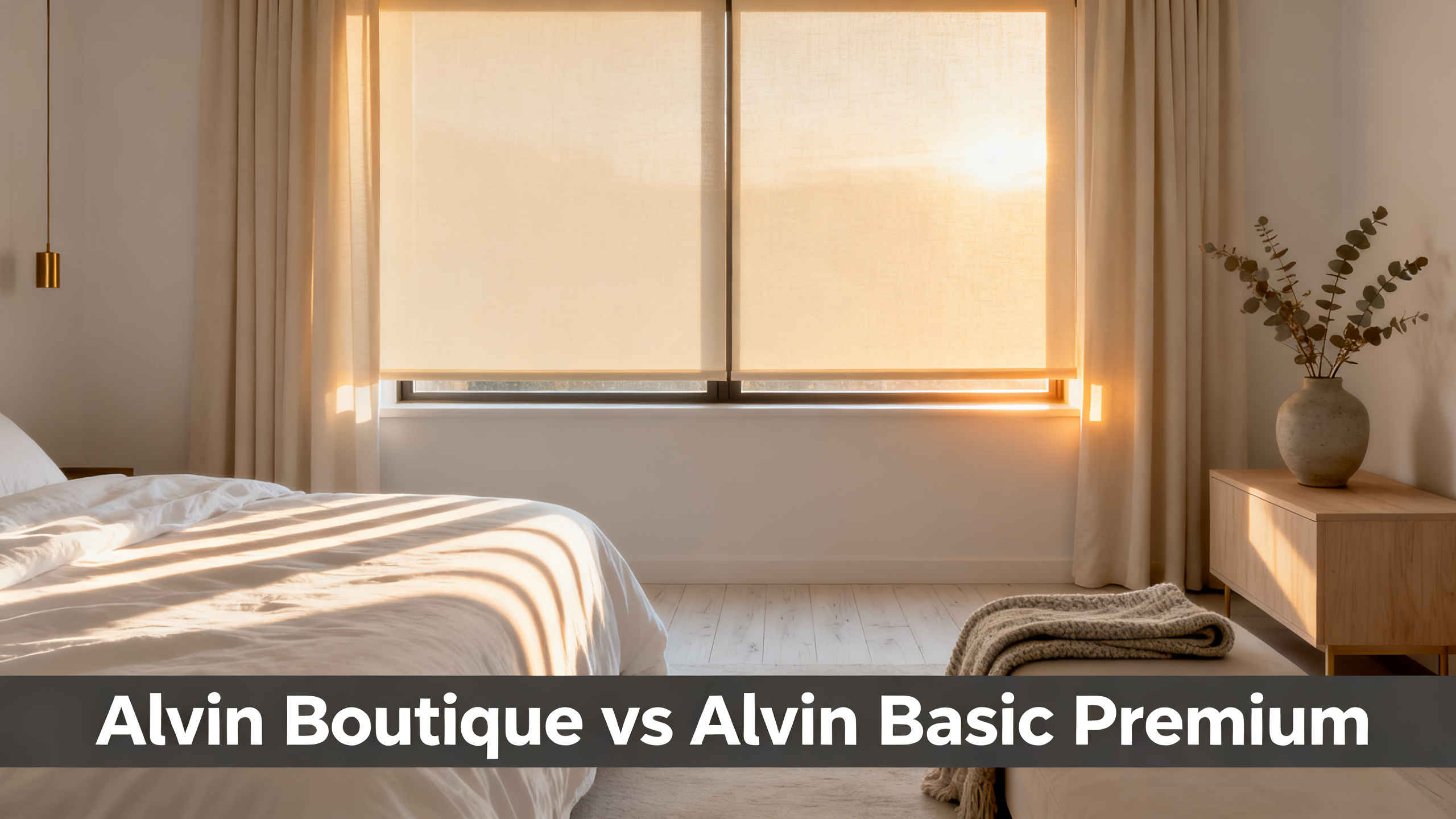 Scandinavian-modern interior at golden hour with window treatment, neutral palette, editorial home photography for Alvin Boutique vs Alvin Basic Premium