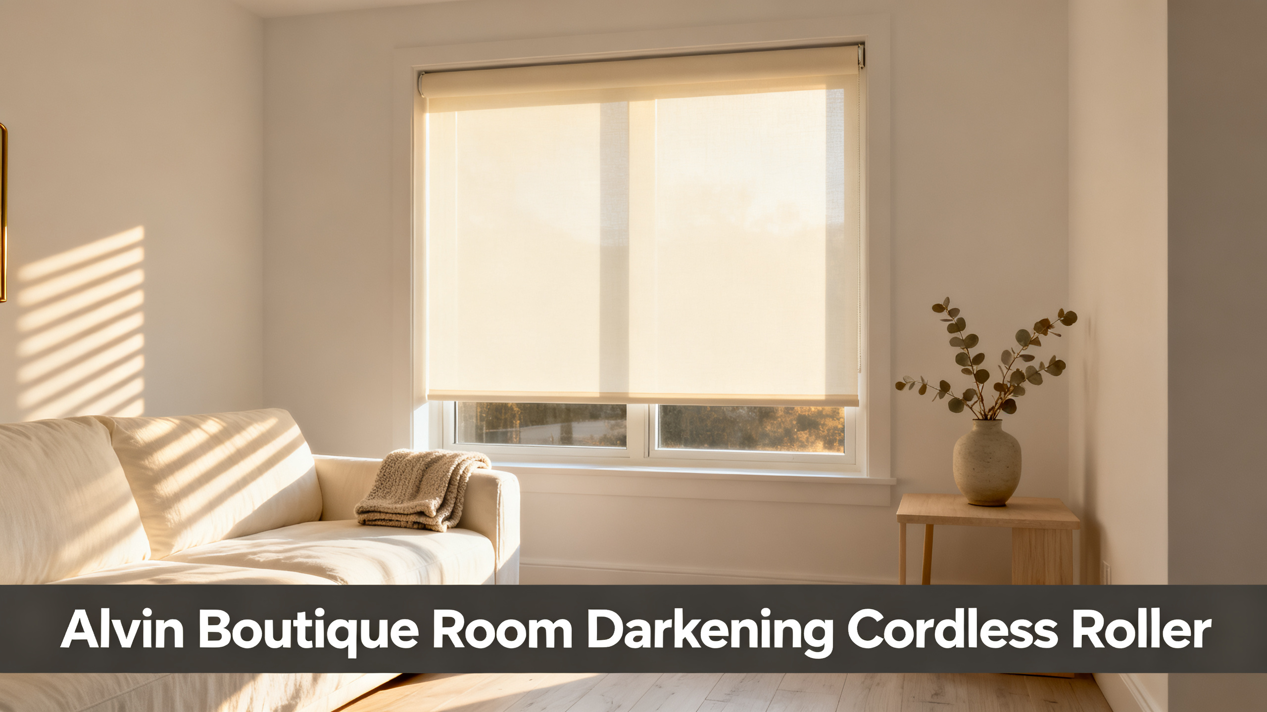 Scandinavian-modern interior at golden hour with window treatment, neutral palette, editorial home photography for Alvin Boutique Room Darkening Cordless Roller