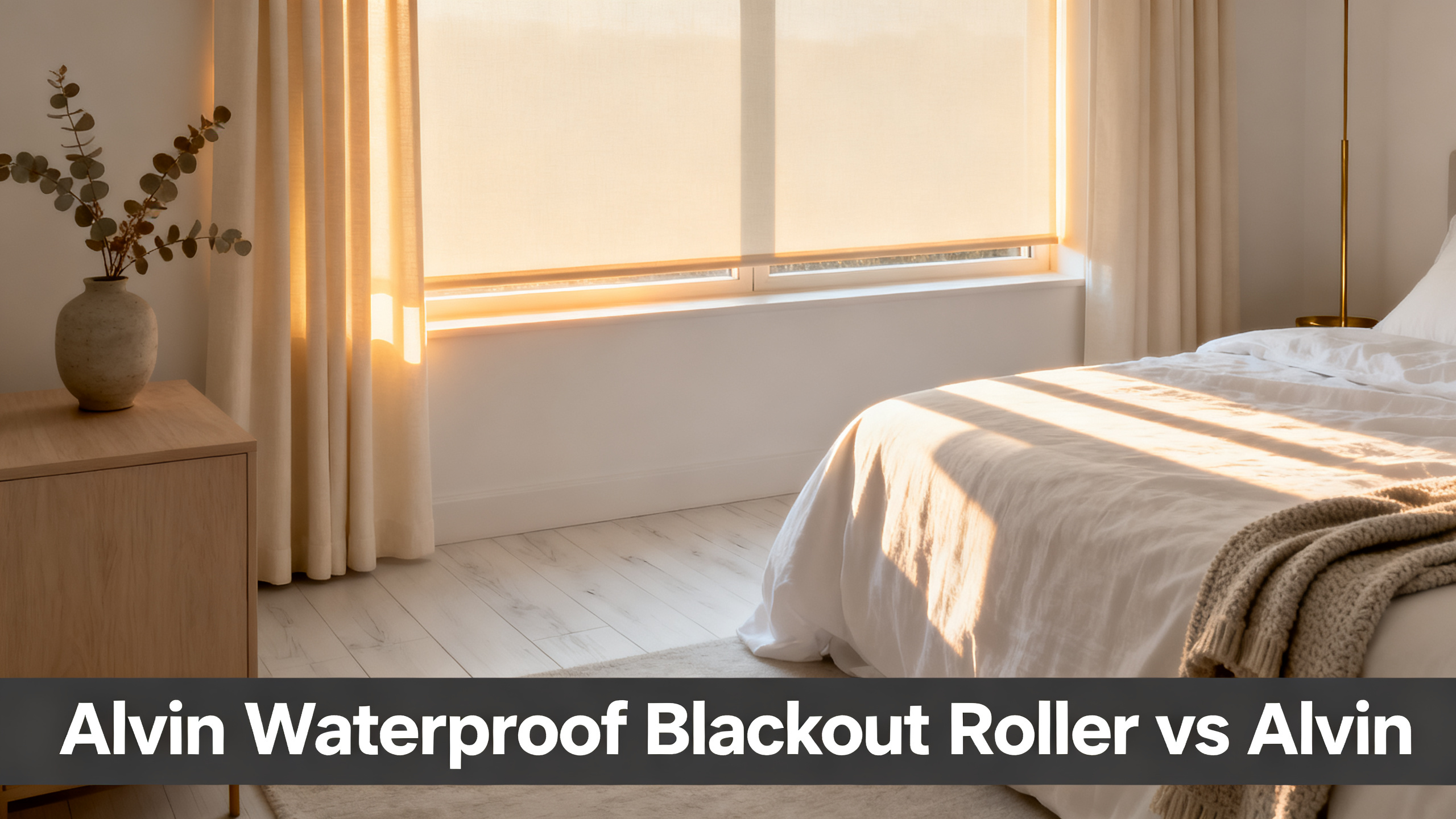 Scandinavian-modern interior at golden hour with window treatment, neutral palette, editorial home photography for Alvin Waterproof Blackout Roller vs Alvin