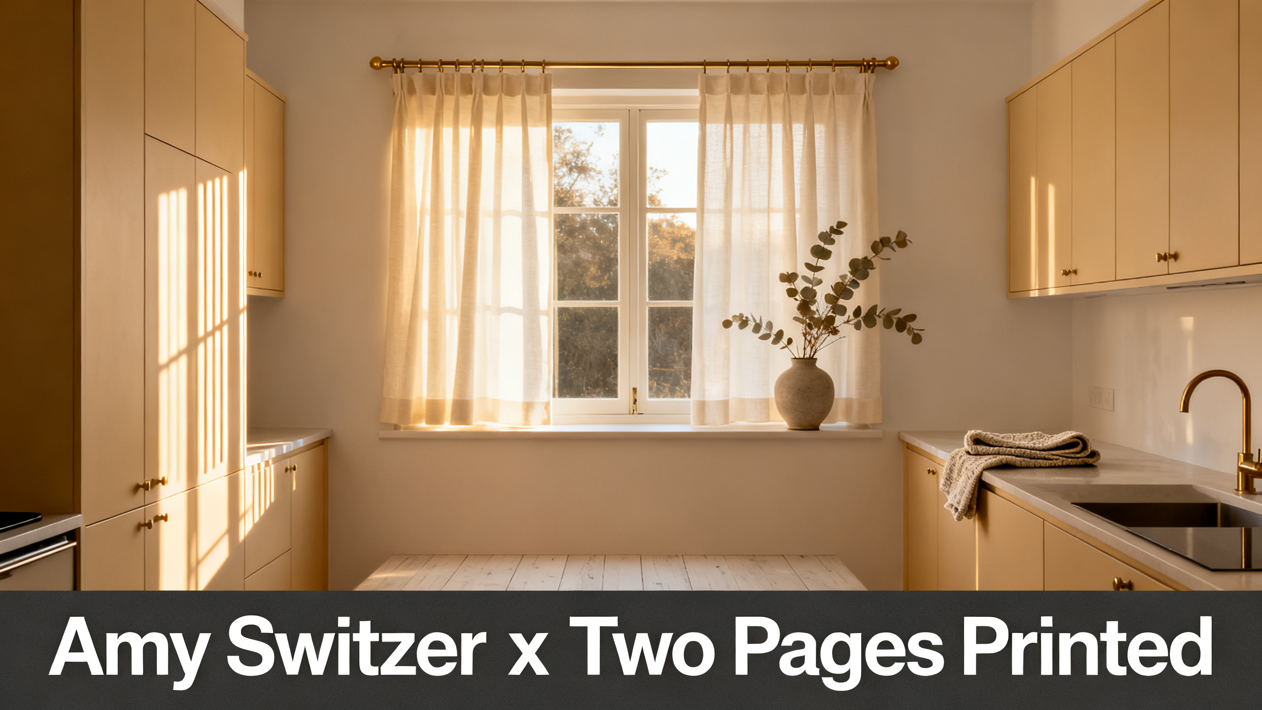 Scandinavian-modern interior at golden hour with window treatment, neutral palette, editorial home photography for Amy Switzer x Two Pages Printed