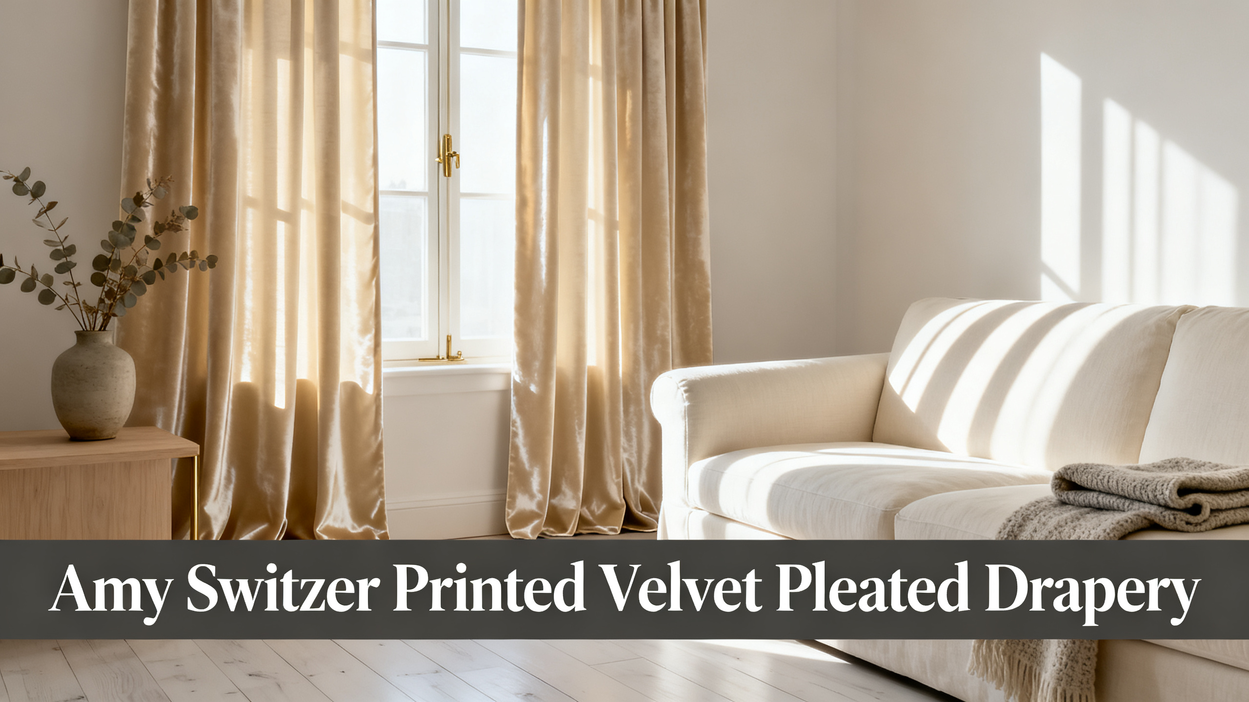 Scandinavian-modern interior at golden hour with window treatment, neutral palette, editorial home photography for Amy Switzer Printed Velvet Pleated Drapery