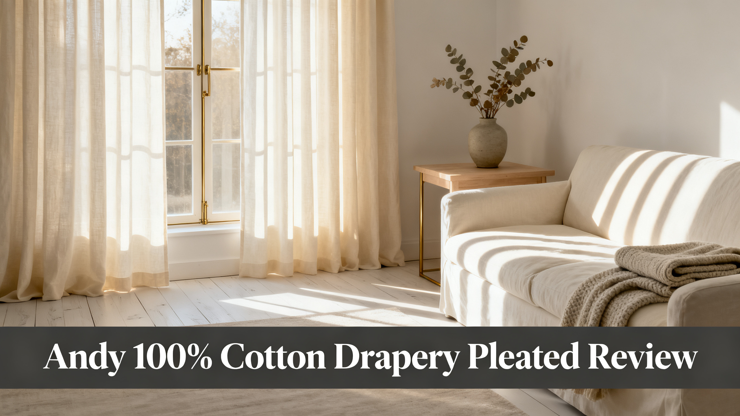Scandinavian-modern interior at golden hour with window treatment, neutral palette, editorial home photography for Andy 100% Cotton Drapery Pleated Review