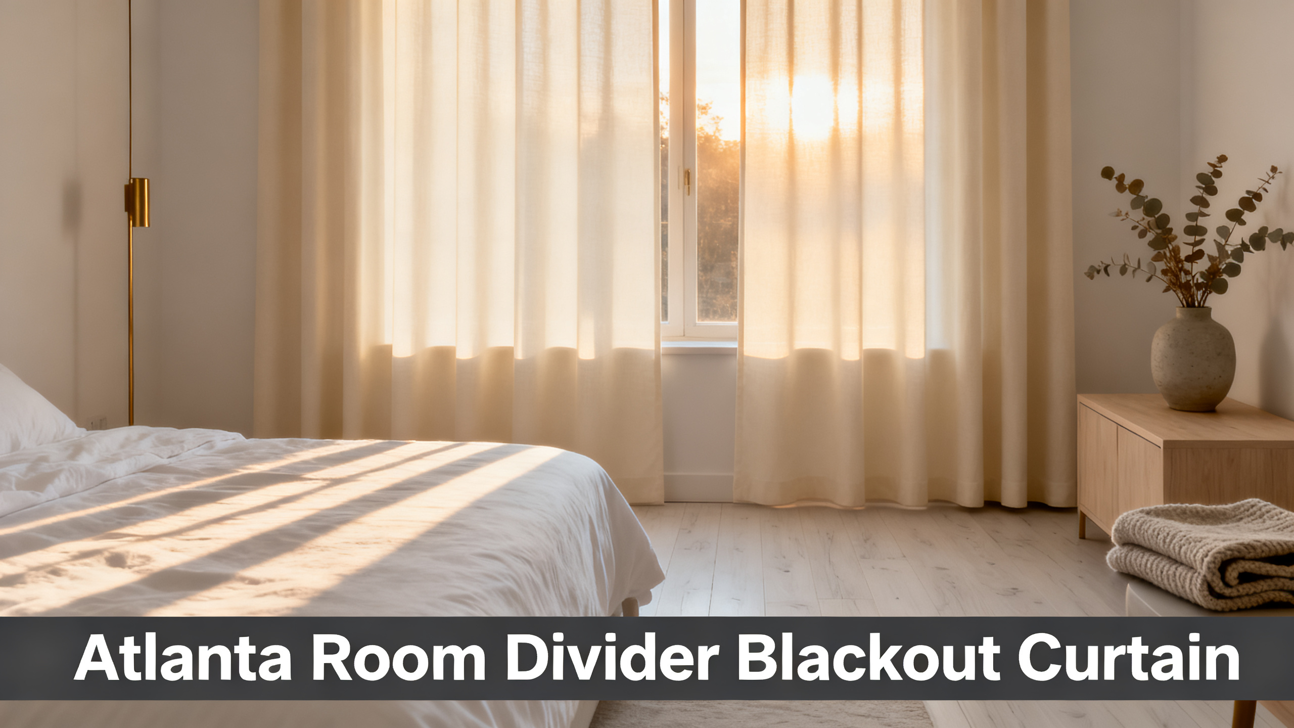 Scandinavian-modern interior at golden hour with window treatment, neutral palette, editorial home photography for Atlanta Room Divider Blackout Curtain