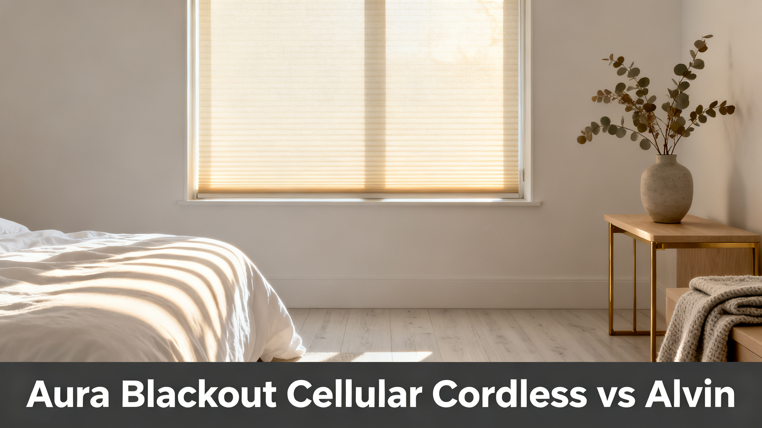 Scandinavian-modern interior at golden hour with window treatment, neutral palette, editorial home photography for Aura Blackout Cellular Cordless vs Alvin