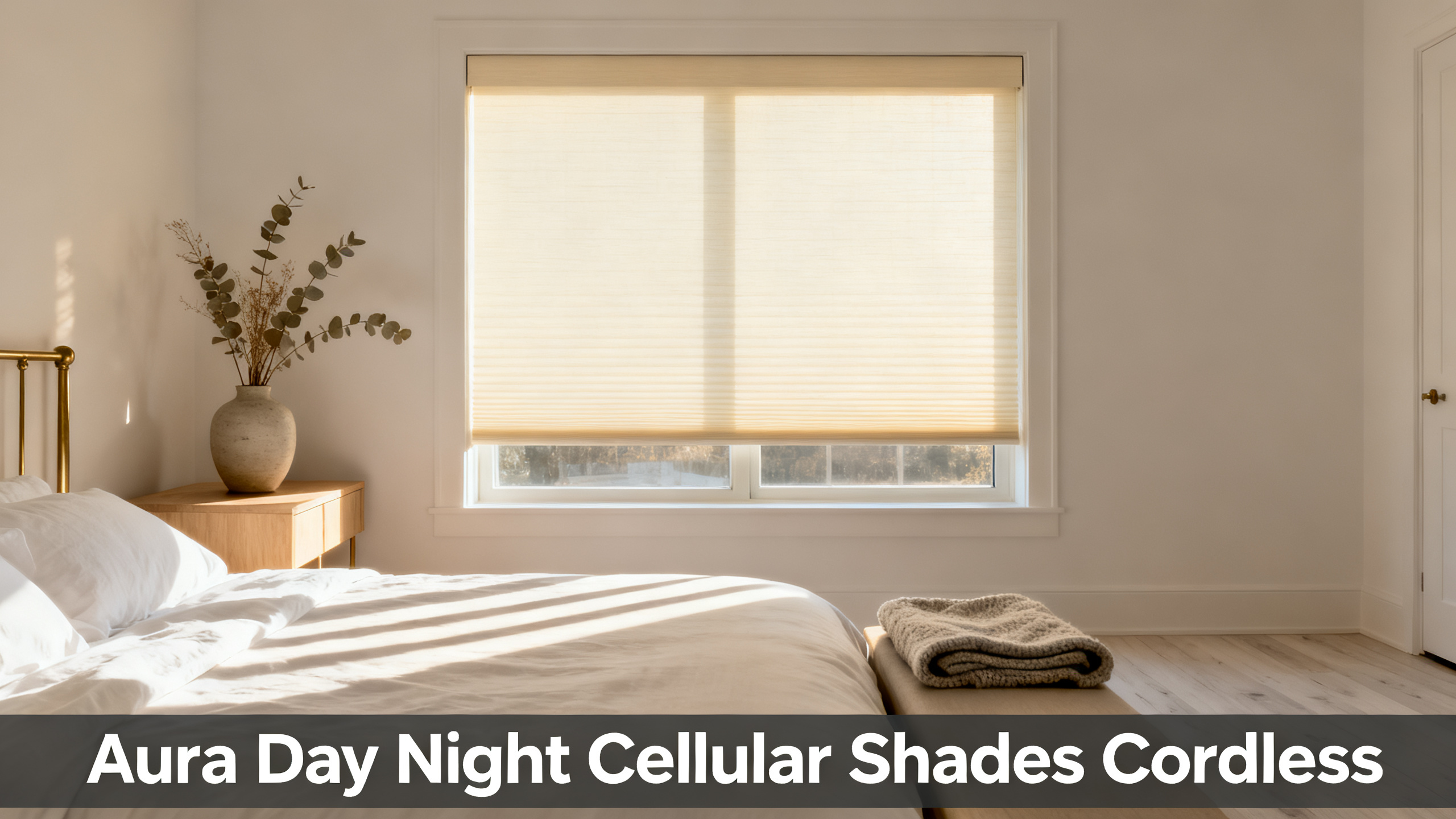 Scandinavian-modern interior at golden hour with window treatment, neutral palette, editorial home photography for Aura Day Night Cellular Shades Cordless