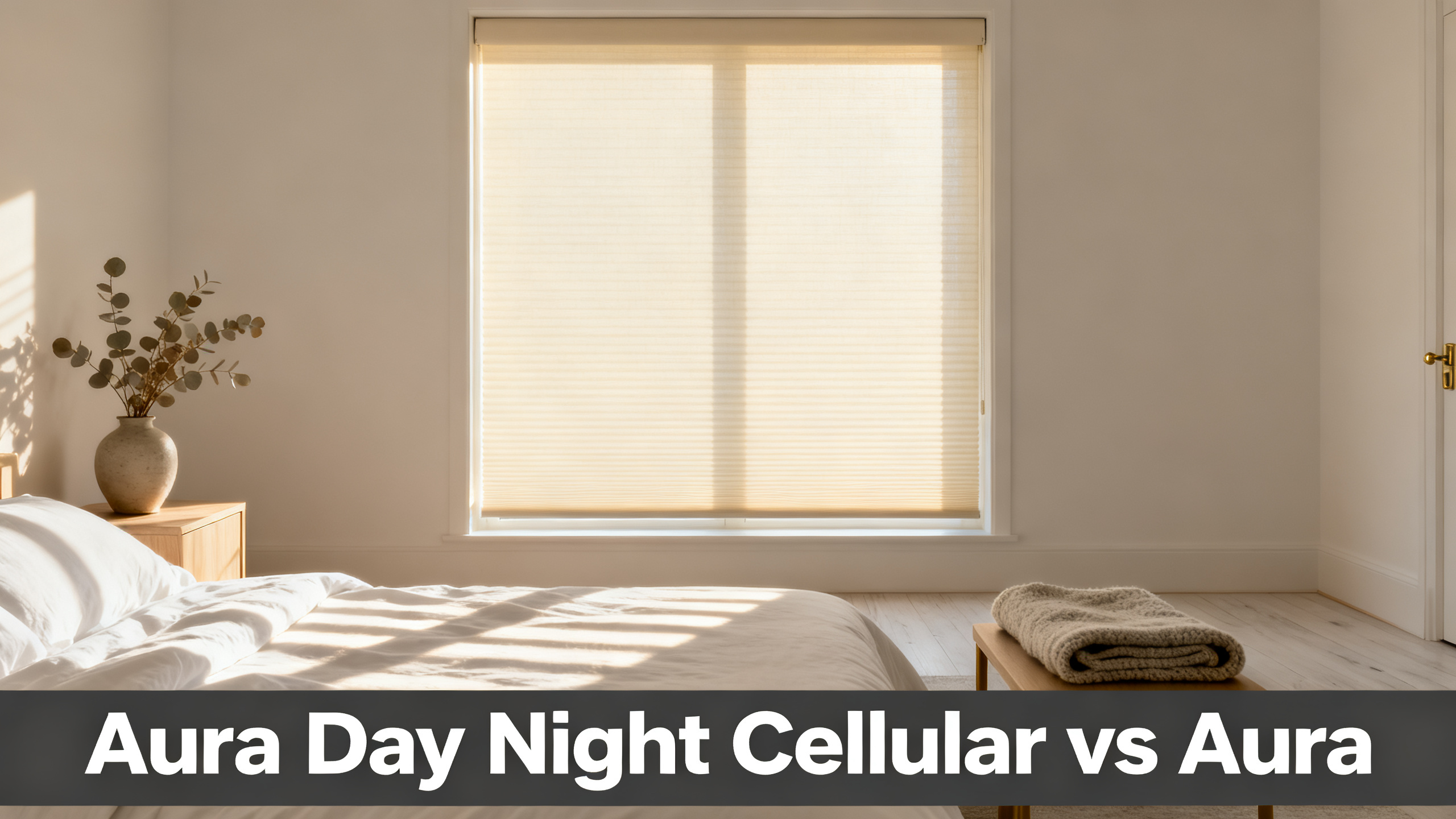 Scandinavian-modern interior at golden hour with window treatment, neutral palette, editorial home photography for Aura Day Night Cellular vs Aura