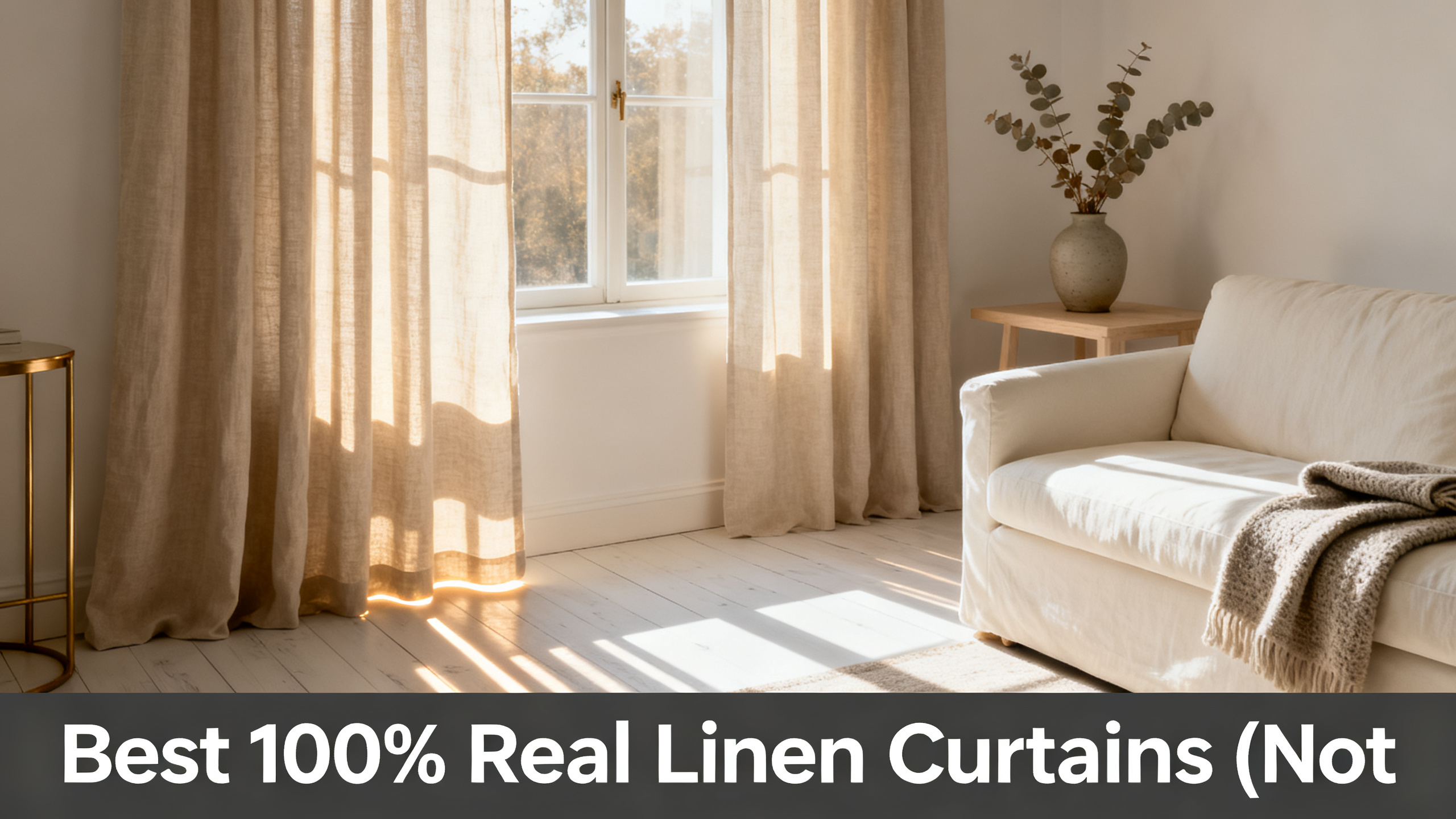 Scandinavian-modern interior at golden hour with window treatment, neutral palette, editorial home photography for Best 100% Real Linen Curtains (Not