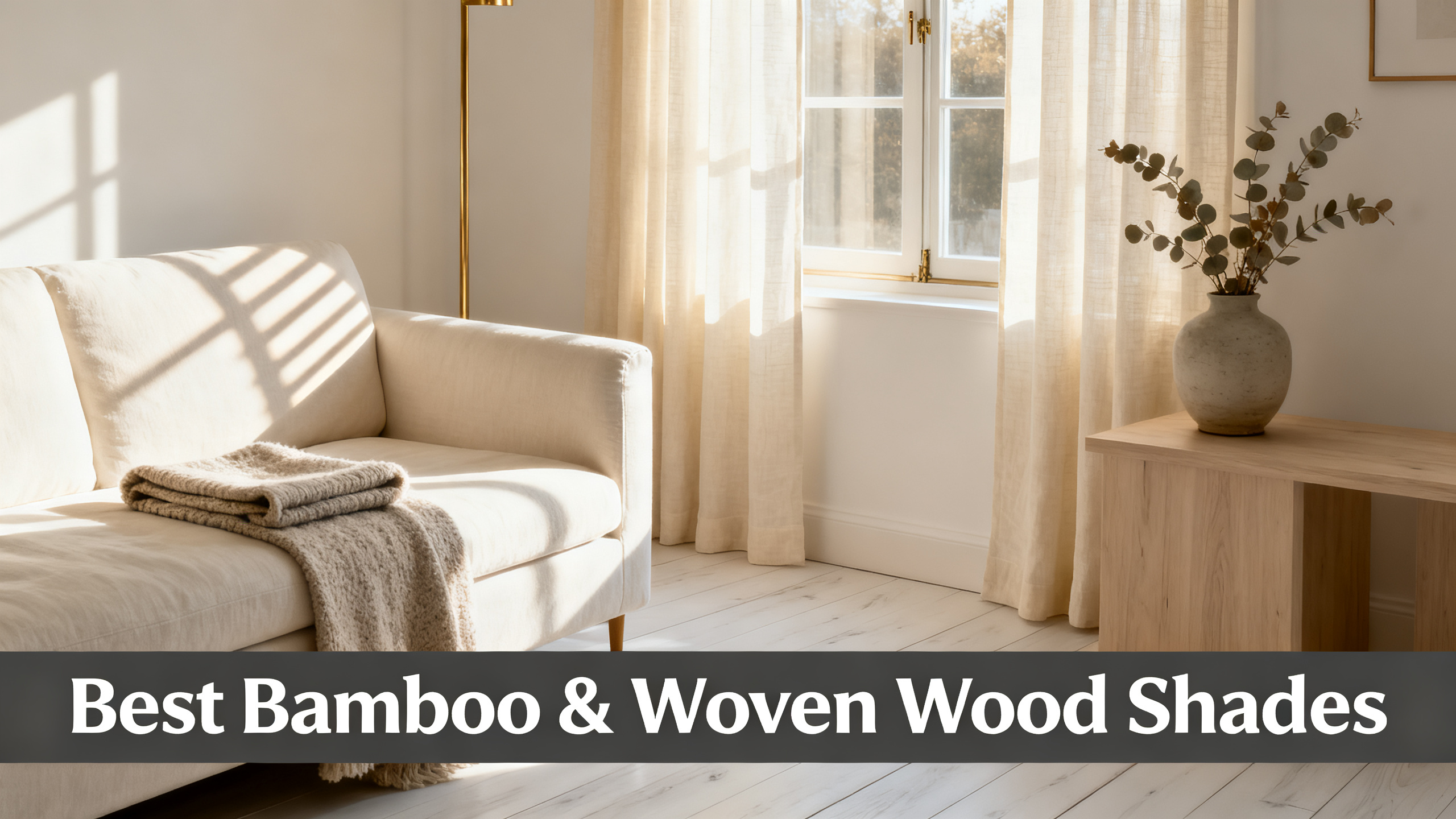 Scandinavian-modern interior at golden hour with window treatment, neutral palette, editorial home photography for Best Bamboo & Woven Wood Shades
