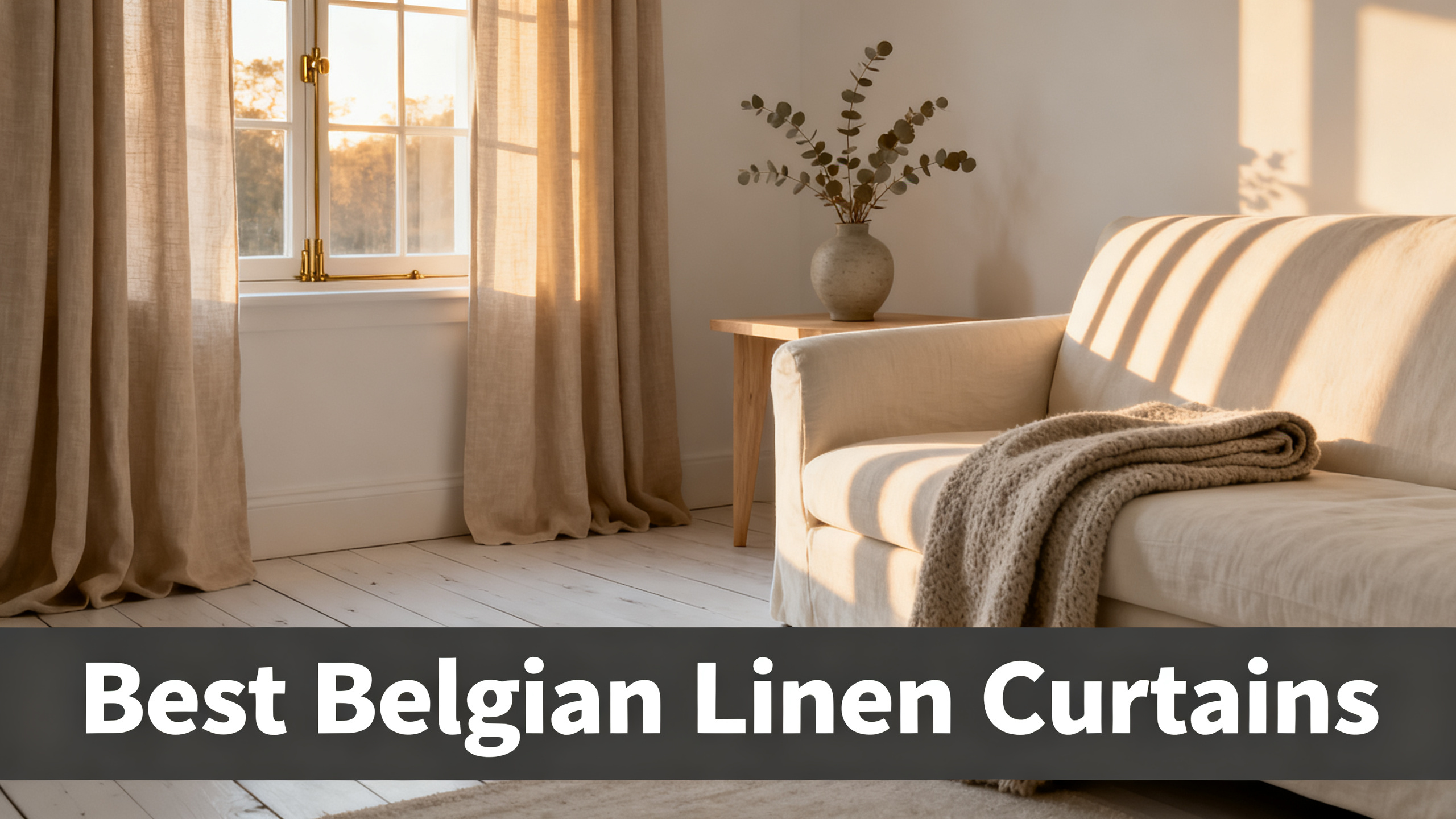 Scandinavian-modern interior at golden hour with window treatment, neutral palette, editorial home photography for Best Belgian Linen Curtains