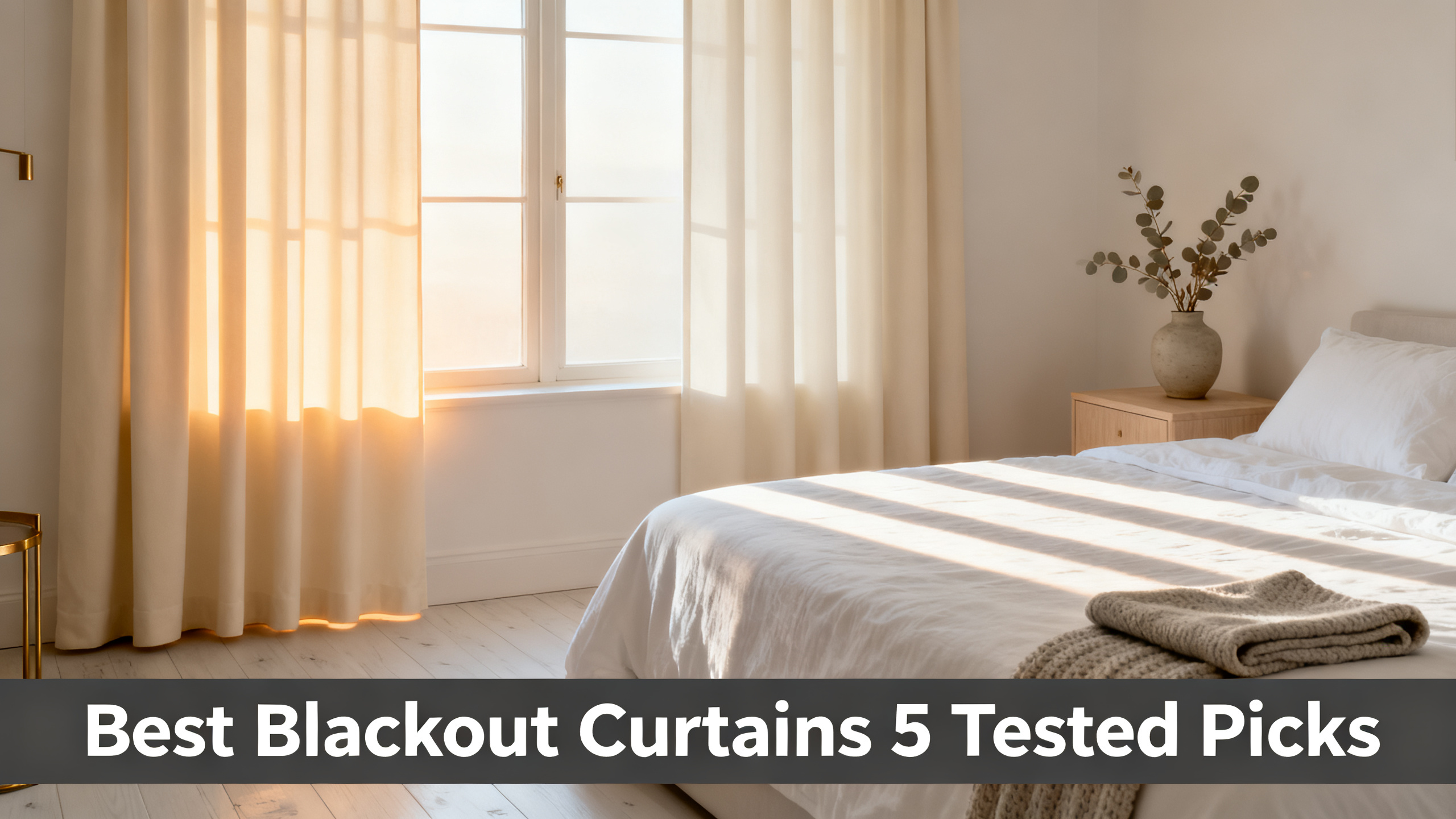 Scandinavian-modern interior at golden hour with window treatment, neutral palette, editorial home photography for Best Blackout Curtains 5 Tested Picks