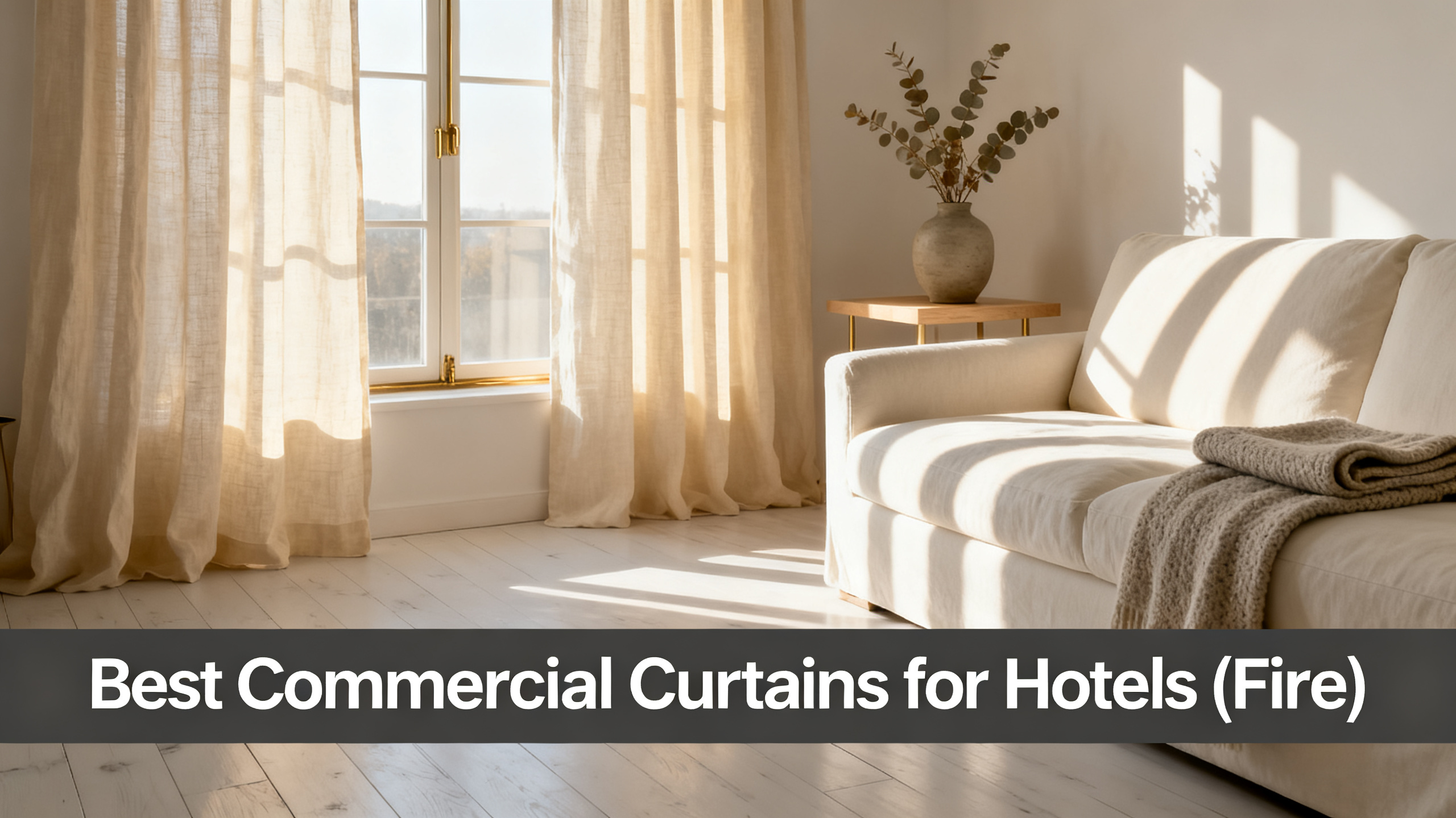 Scandinavian-modern interior at golden hour with window treatment, neutral palette, editorial home photography for Best Commercial Curtains for Hotels (Fire