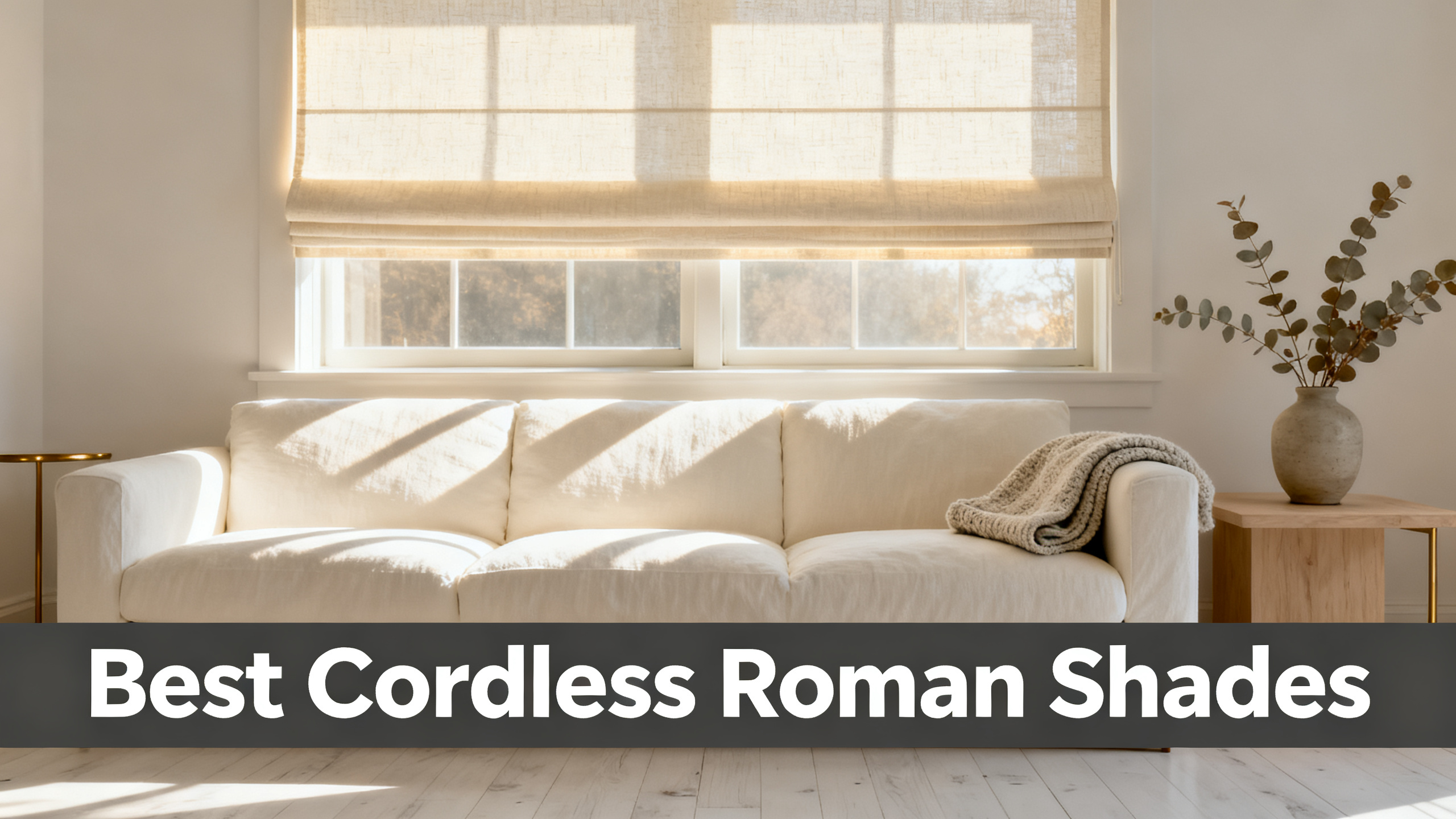 Scandinavian-modern interior at golden hour with window treatment, neutral palette, editorial home photography for Best Cordless Roman Shades