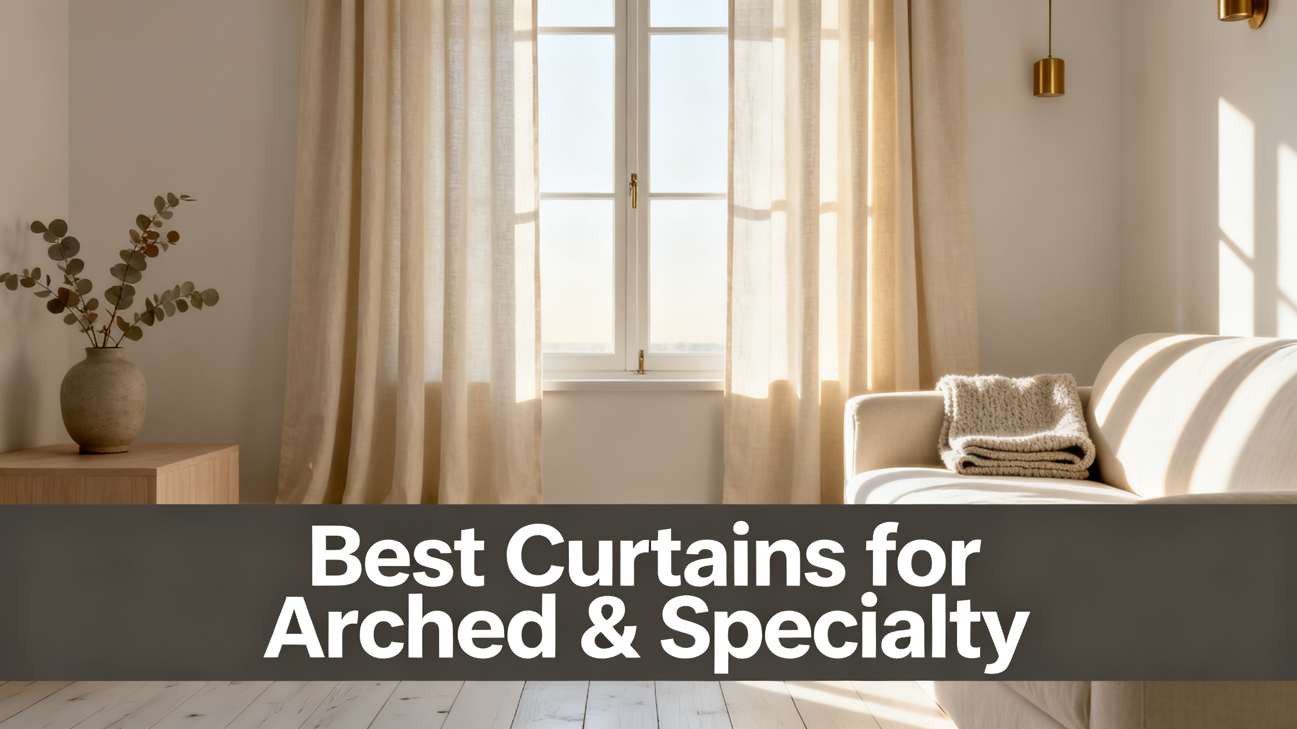 Scandinavian-modern interior at golden hour with window treatment, neutral palette, editorial home photography for Best Curtains for Arched & Specialty