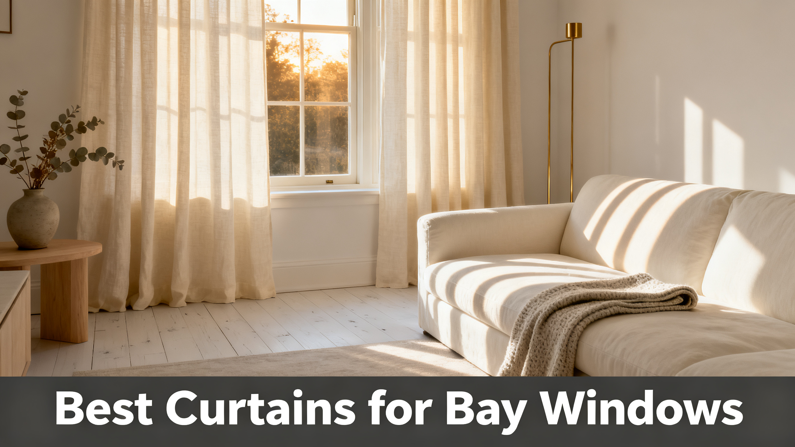 Scandinavian-modern interior at golden hour with window treatment, neutral palette, editorial home photography for Best Curtains for Bay Windows