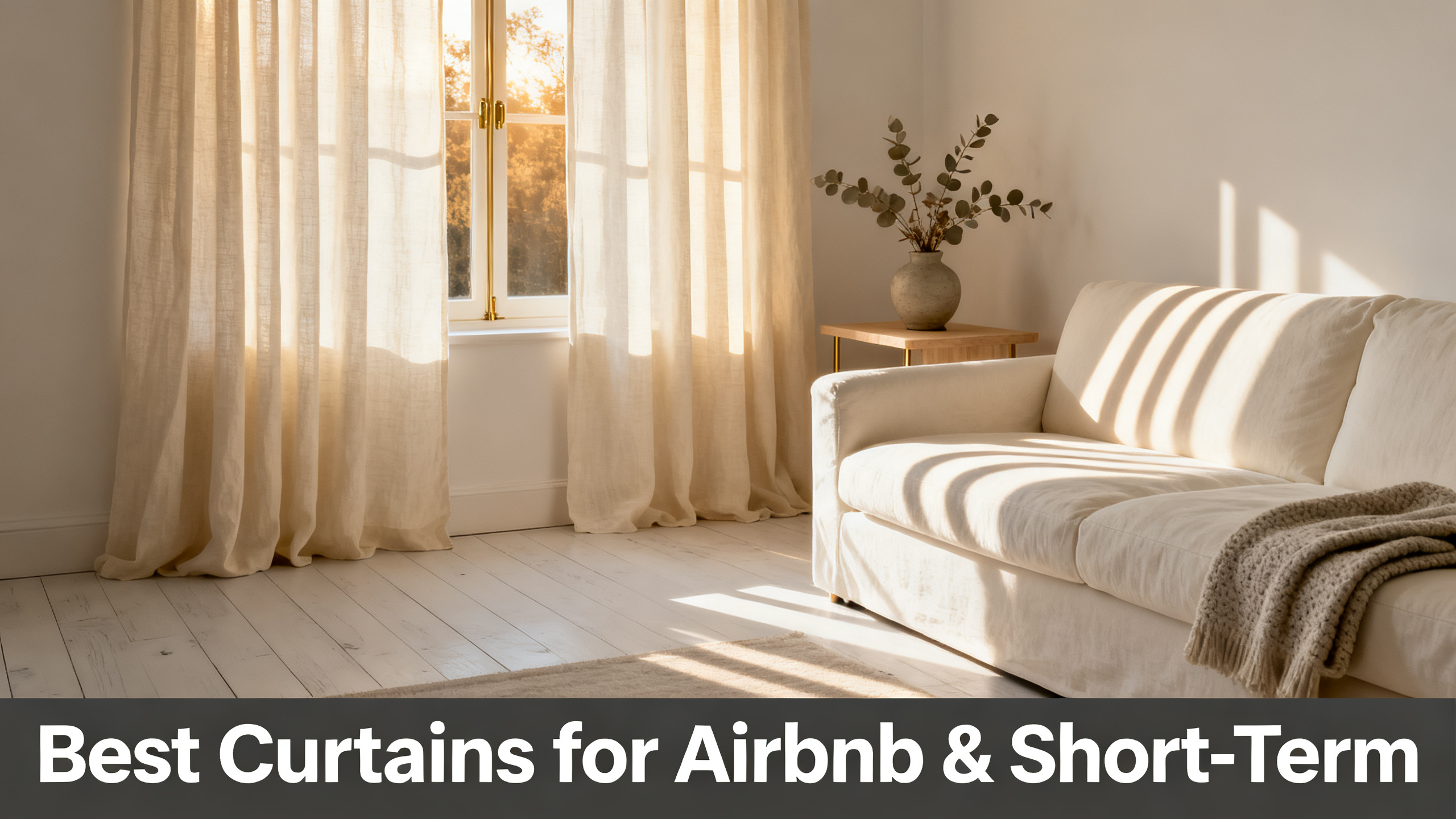 Scandinavian-modern interior at golden hour with window treatment, neutral palette, editorial home photography for Best Curtains for Airbnb & Short-Term