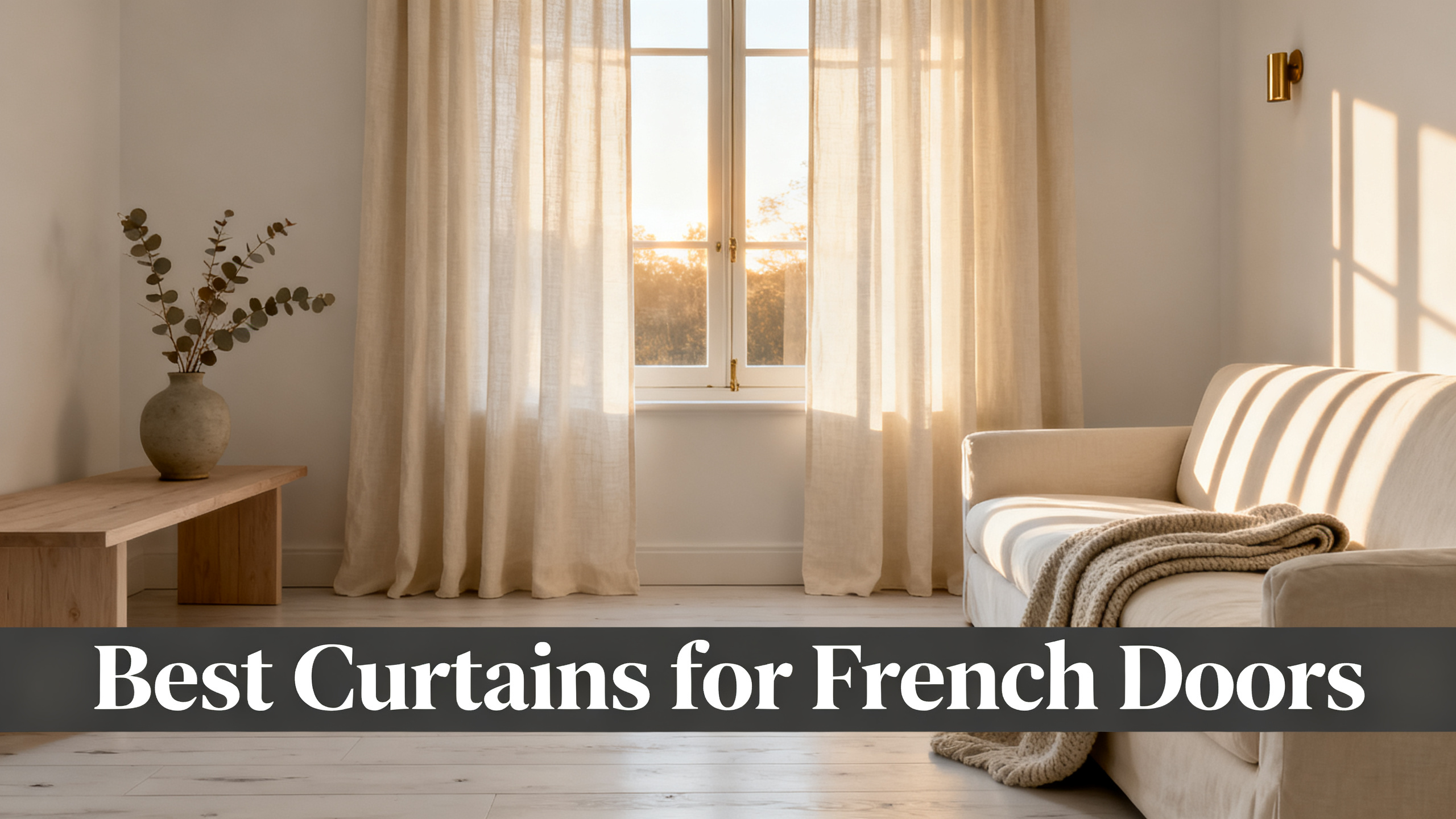 Scandinavian-modern interior at golden hour with window treatment, neutral palette, editorial home photography for Best Curtains for French Doors