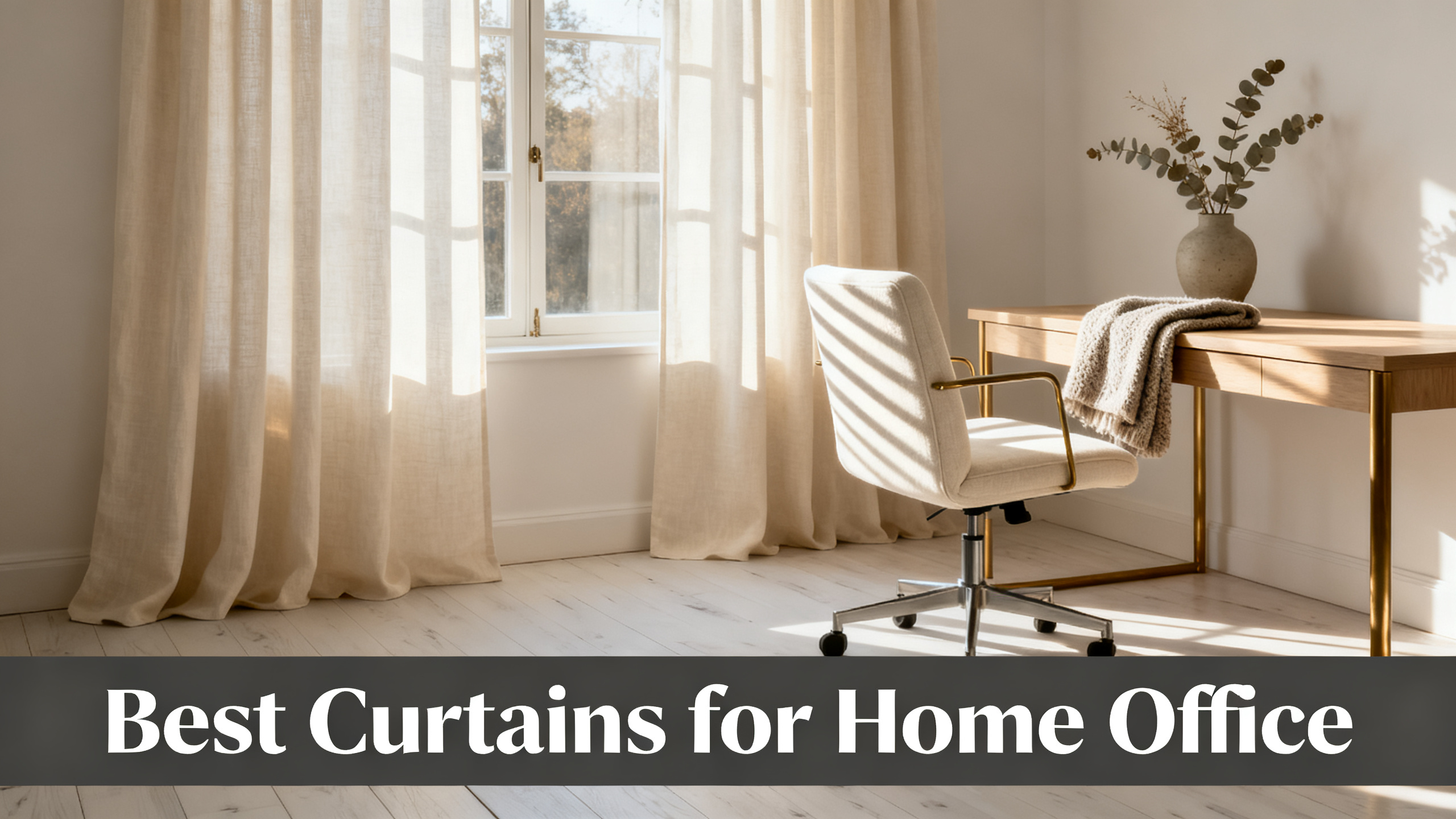 Scandinavian-modern interior at golden hour with window treatment, neutral palette, editorial home photography for Best Curtains for Home Office