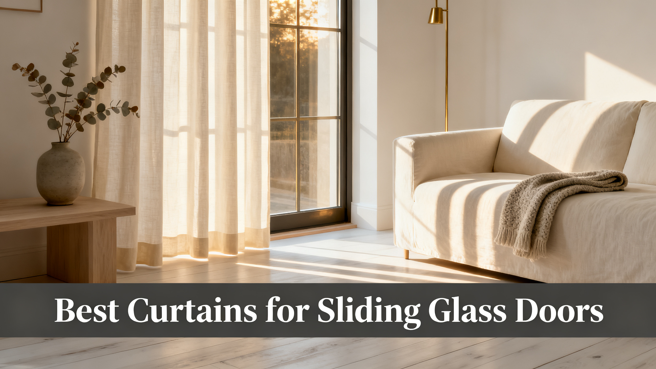 Scandinavian-modern interior at golden hour with window treatment, neutral palette, editorial home photography for Best Curtains for Sliding Glass Doors
