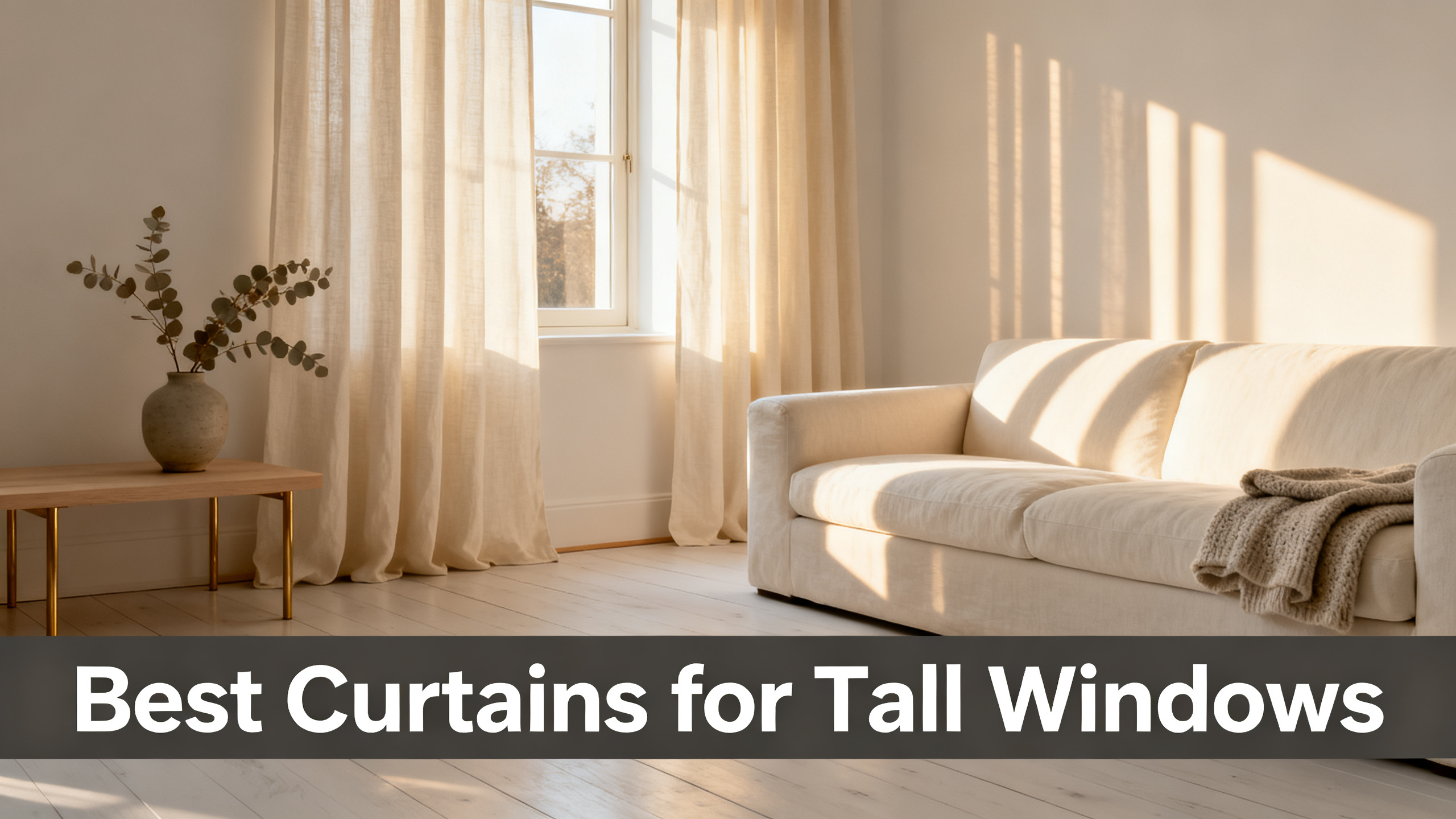 Scandinavian-modern interior at golden hour with window treatment, neutral palette, editorial home photography for Best Curtains for Tall Windows