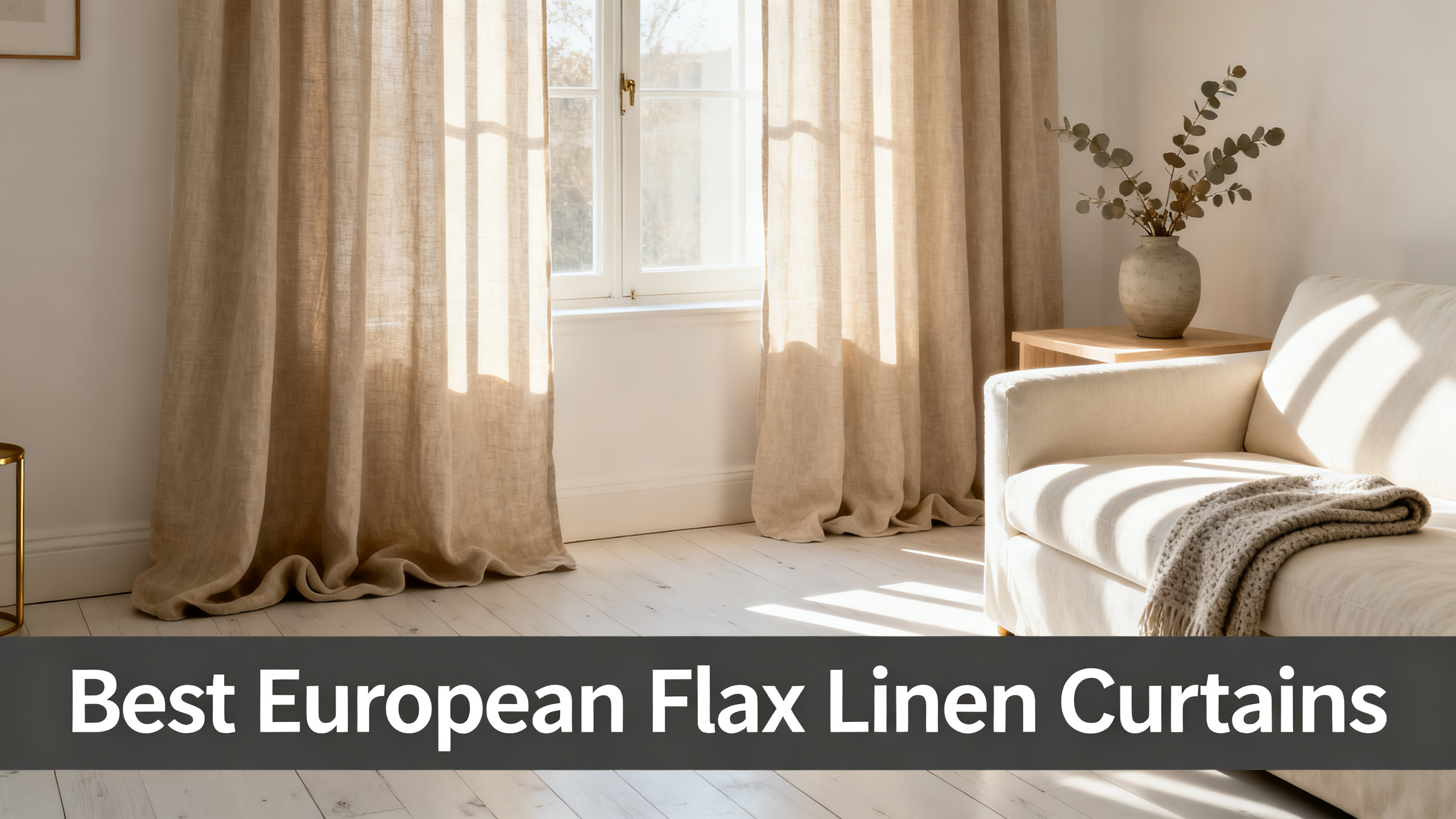 Scandinavian-modern interior at golden hour with window treatment, neutral palette, editorial home photography for Best European Flax Linen Curtains