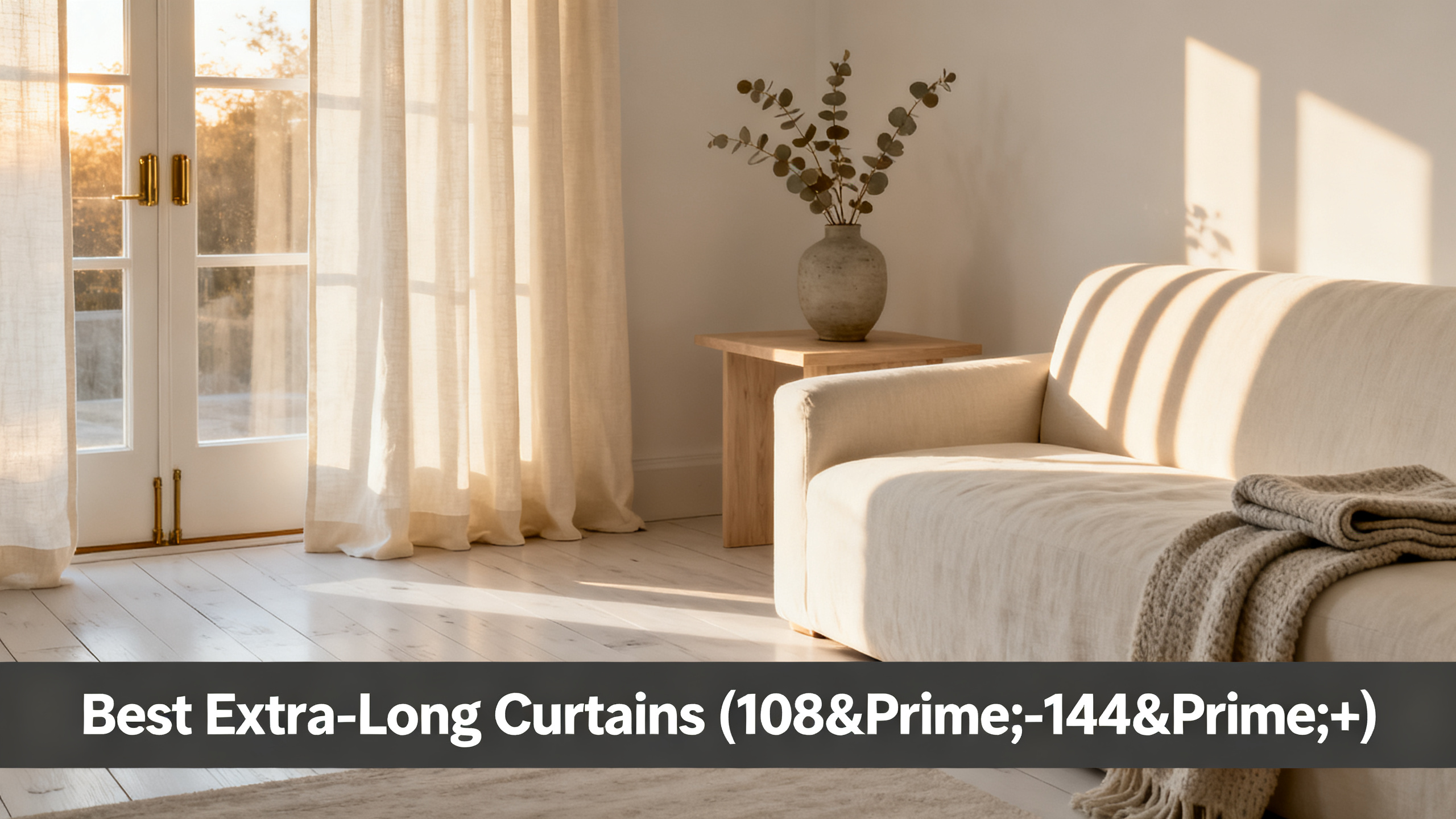 Scandinavian-modern interior at golden hour with window treatment, neutral palette, editorial home photography for Best Extra-Long Curtains (108&Prime;-144&Prime;+)