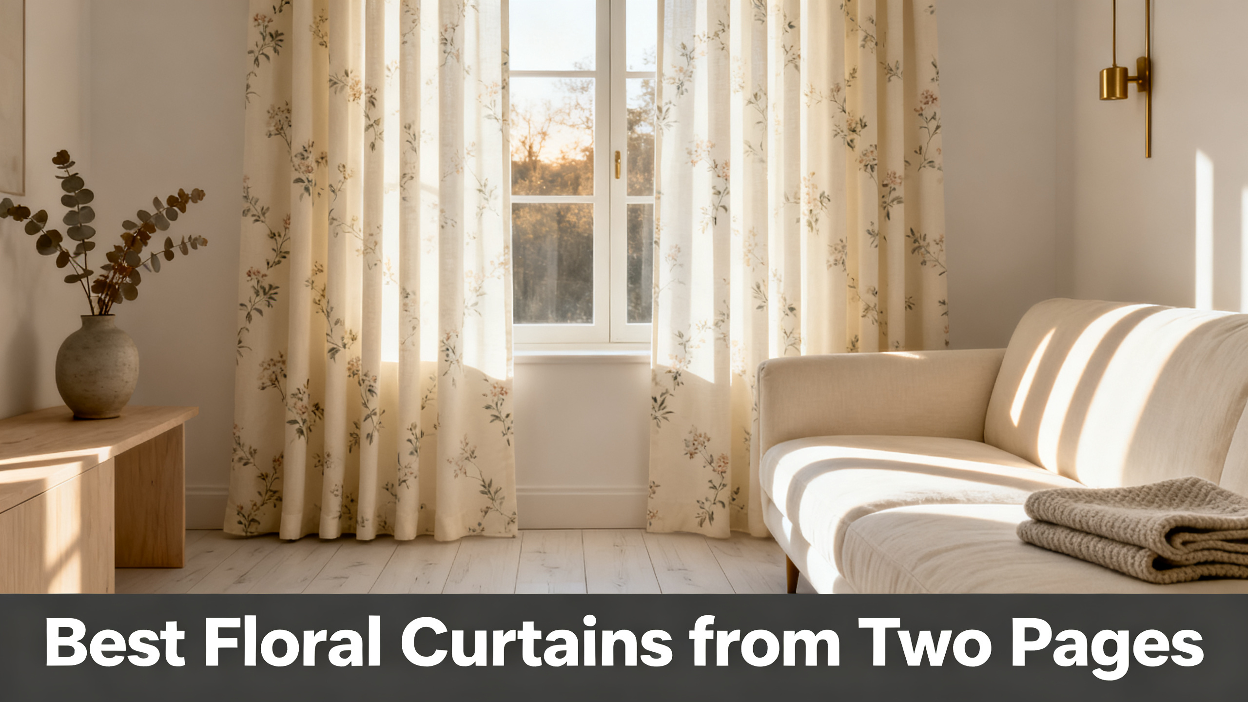 Scandinavian-modern interior at golden hour with window treatment, neutral palette, editorial home photography for Best Floral Curtains from Two Pages