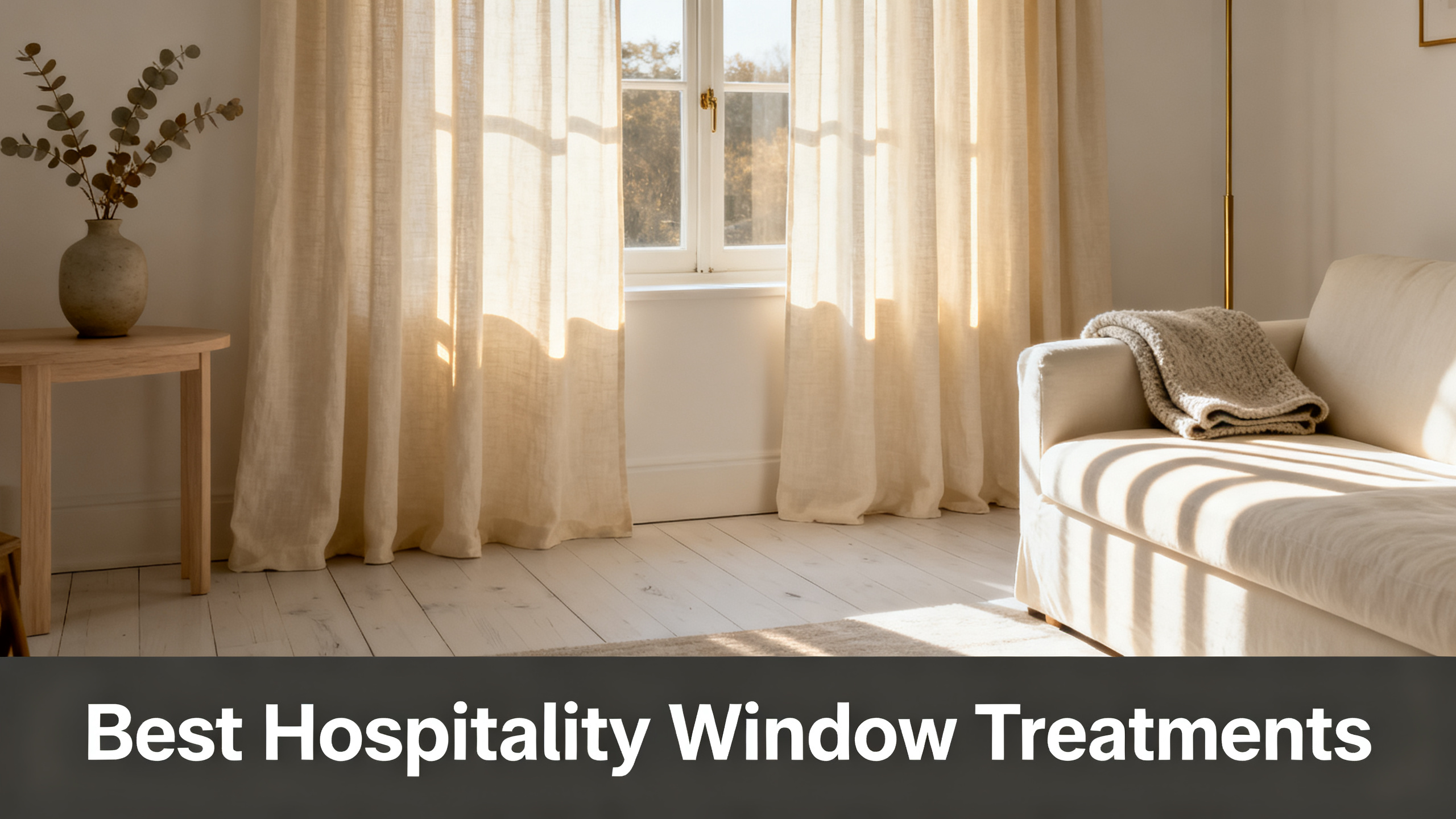 Scandinavian-modern interior at golden hour with window treatment, neutral palette, editorial home photography for Best Hospitality Window Treatments