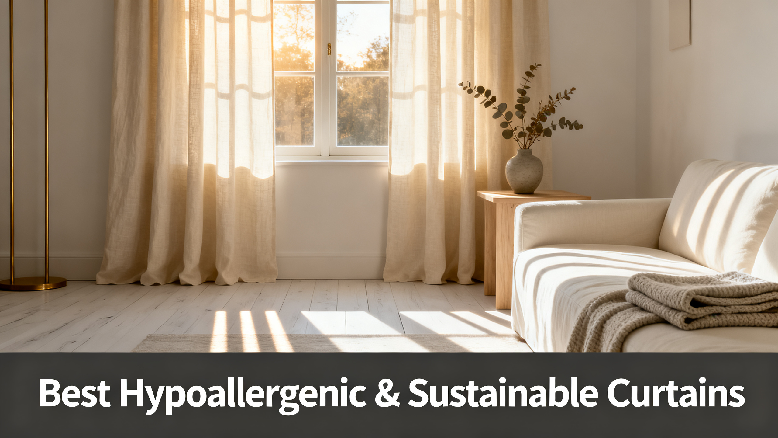 Scandinavian-modern interior at golden hour with window treatment, neutral palette, editorial home photography for Best Hypoallergenic & Sustainable Curtains