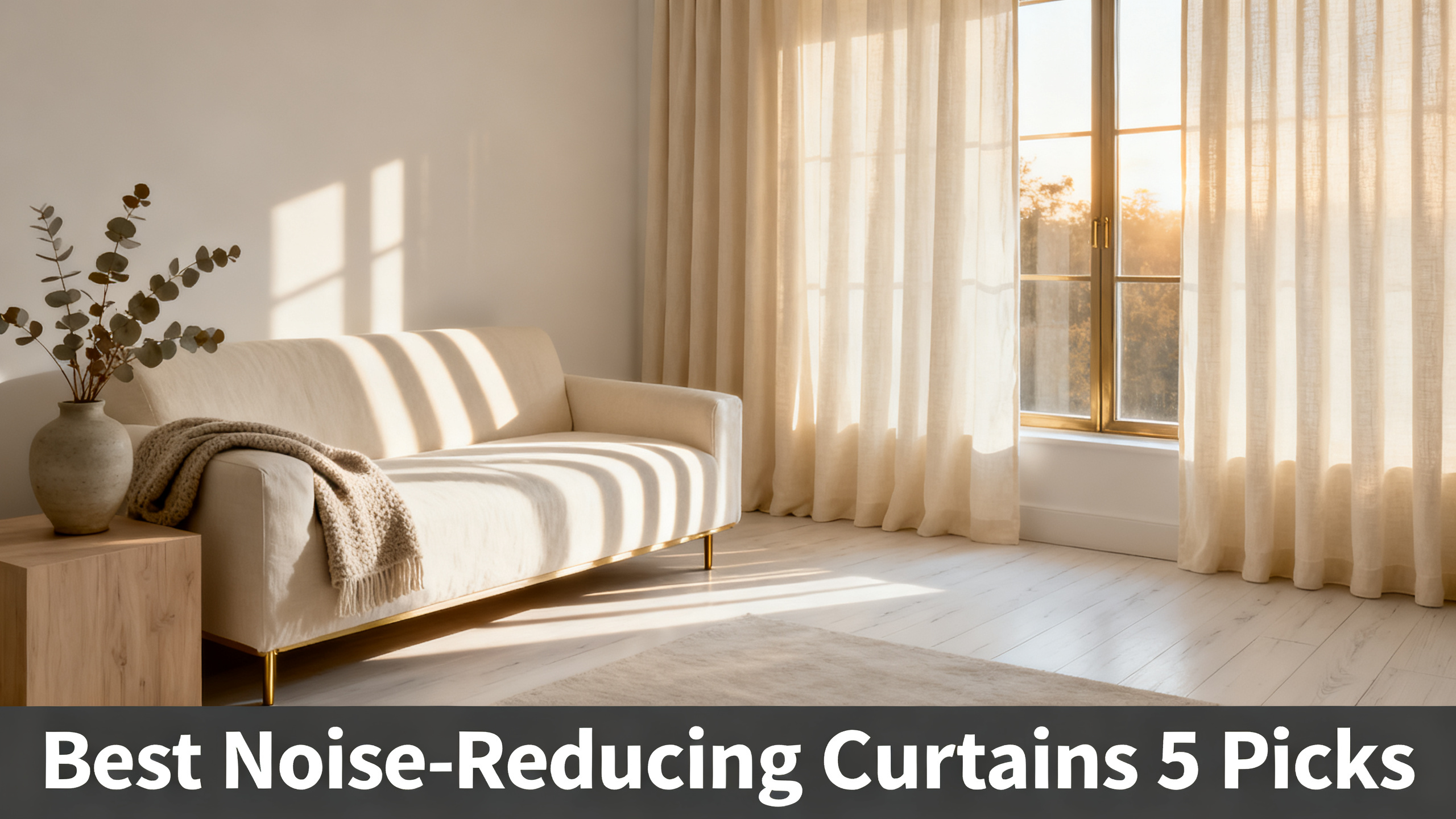 Scandinavian-modern interior at golden hour with window treatment, neutral palette, editorial home photography for Best Noise-Reducing Curtains 5 Picks