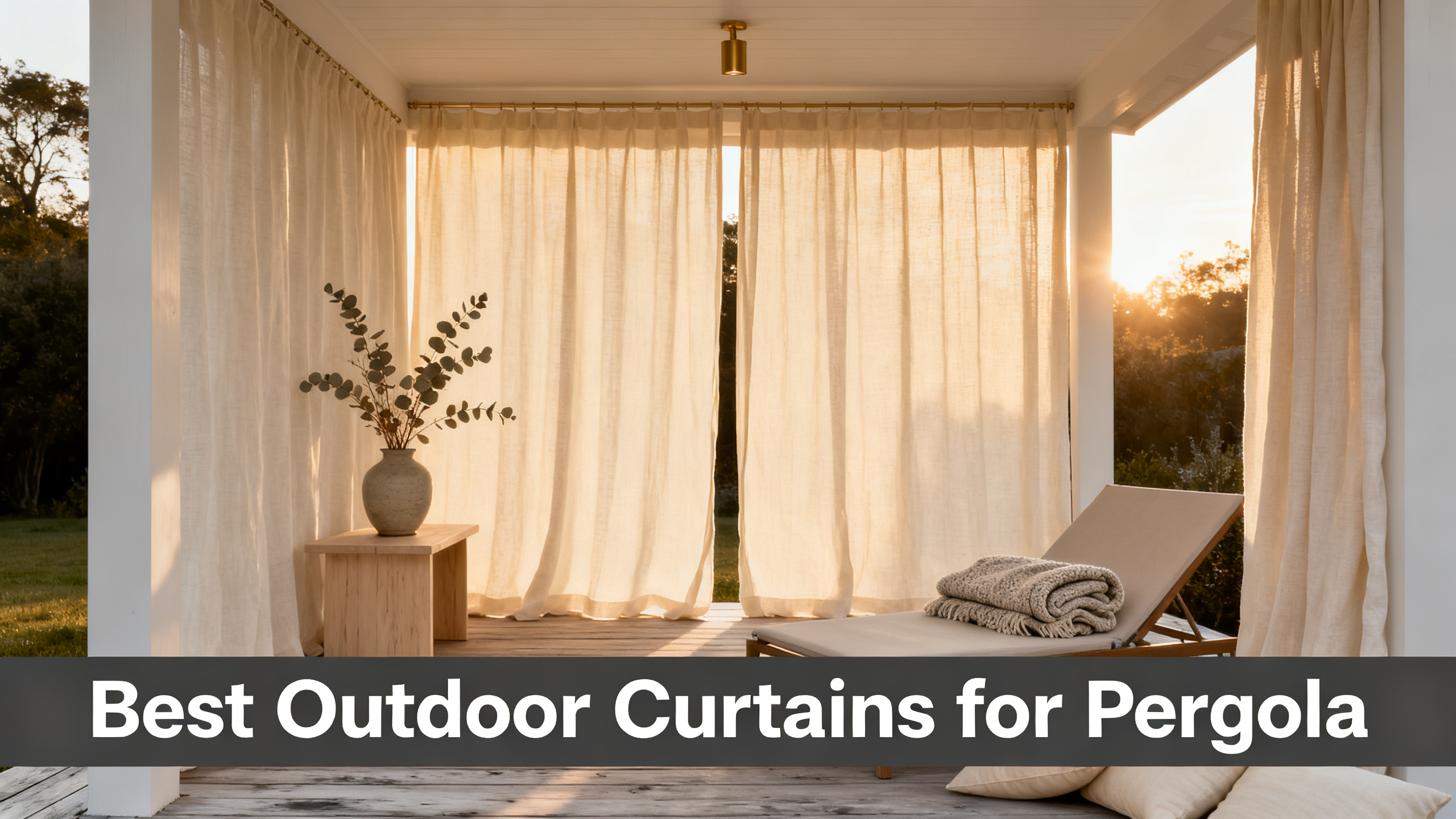 Scandinavian-modern interior at golden hour with window treatment, neutral palette, editorial home photography for Best Outdoor Curtains for Pergola