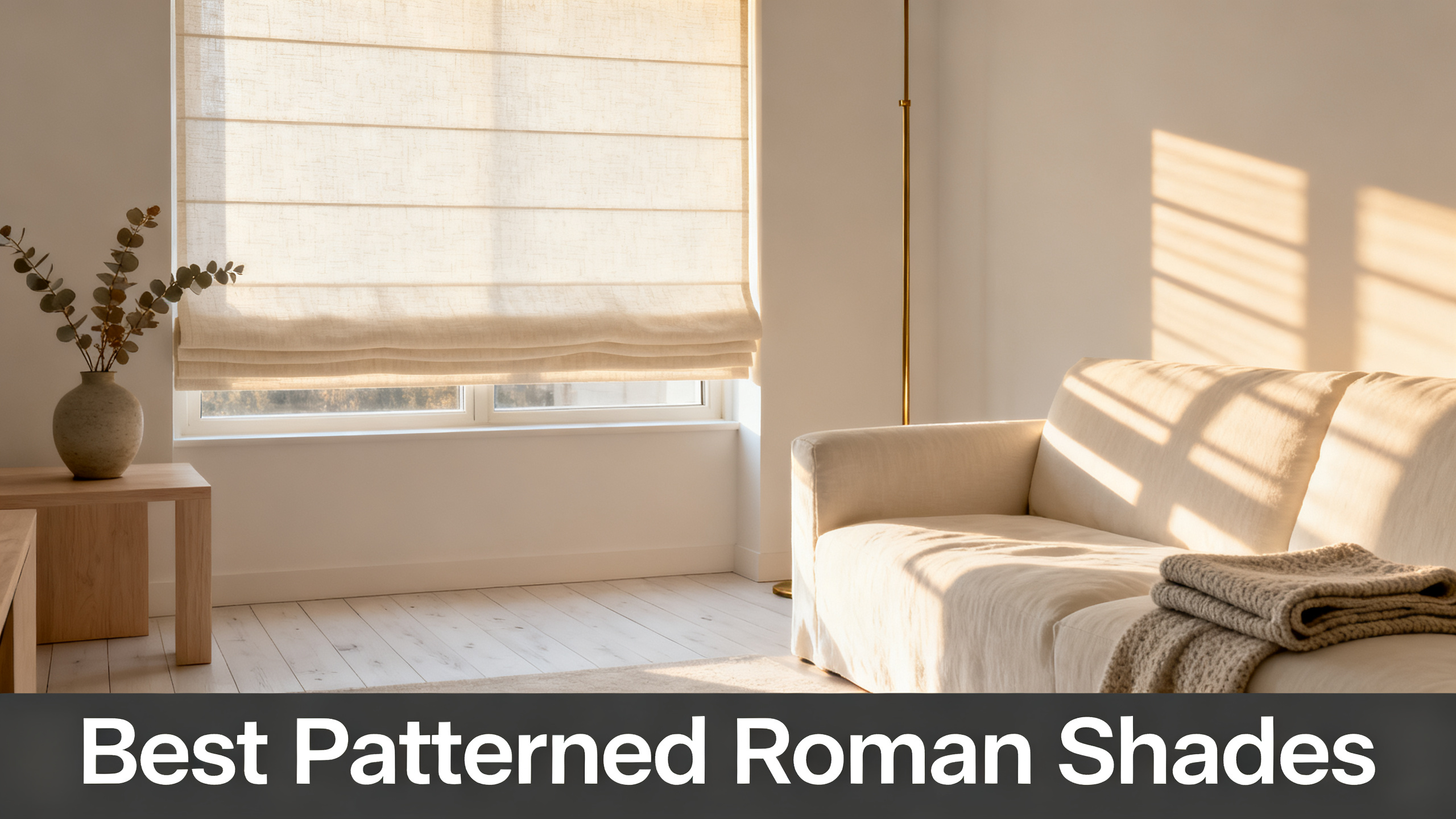 Scandinavian-modern interior at golden hour with window treatment, neutral palette, editorial home photography for Best Patterned Roman Shades