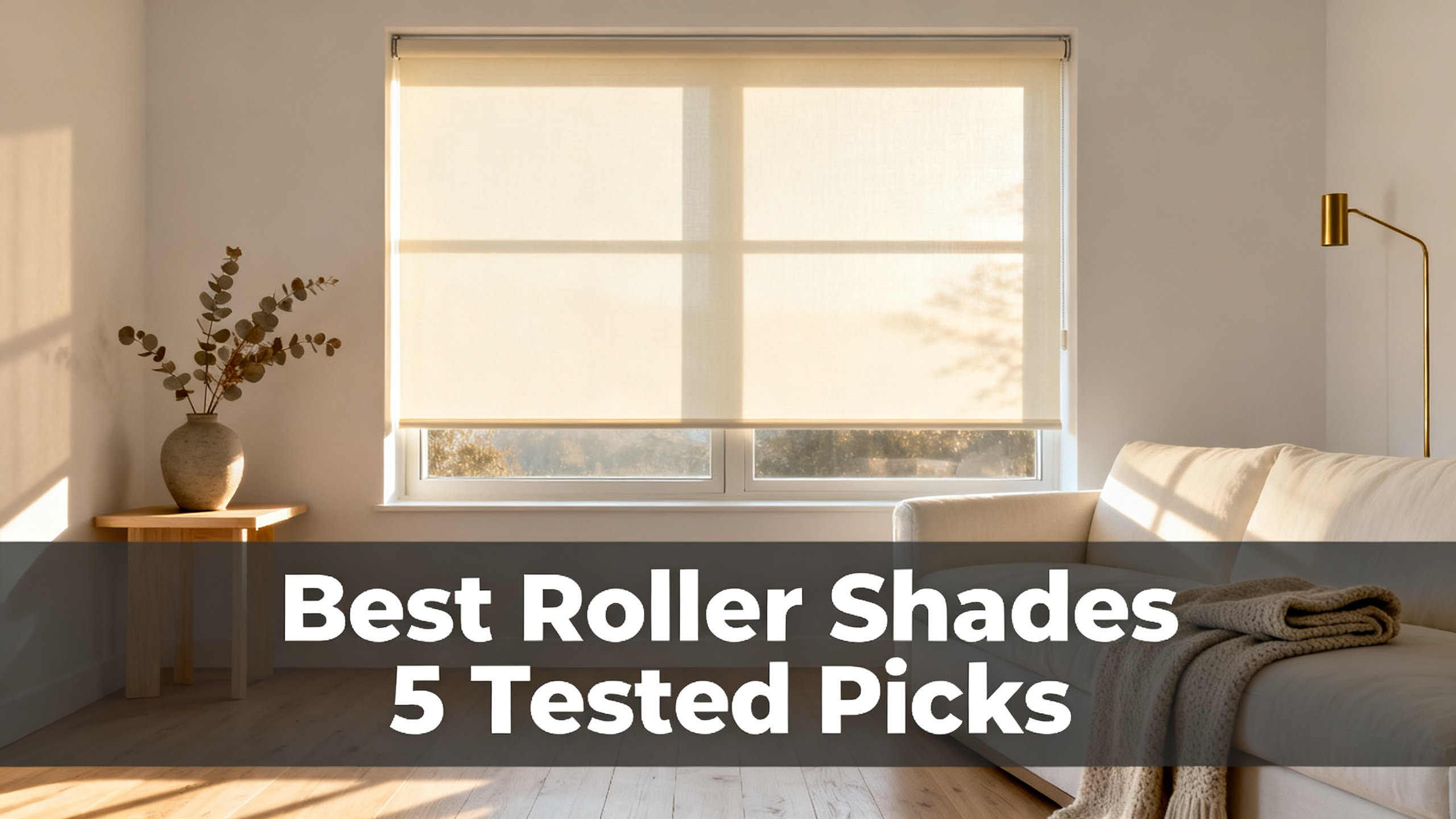 Scandinavian-modern interior at golden hour with window treatment, neutral palette, editorial home photography for Best Roller Shades 5 Tested Picks