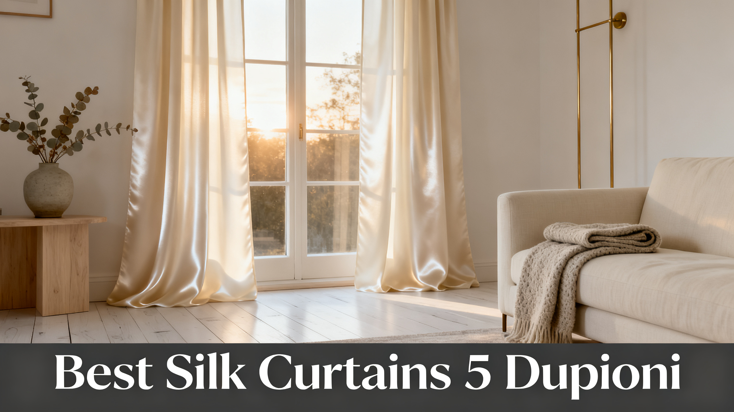Scandinavian-modern interior at golden hour with window treatment, neutral palette, editorial home photography for Best Silk Curtains 5 Dupioni