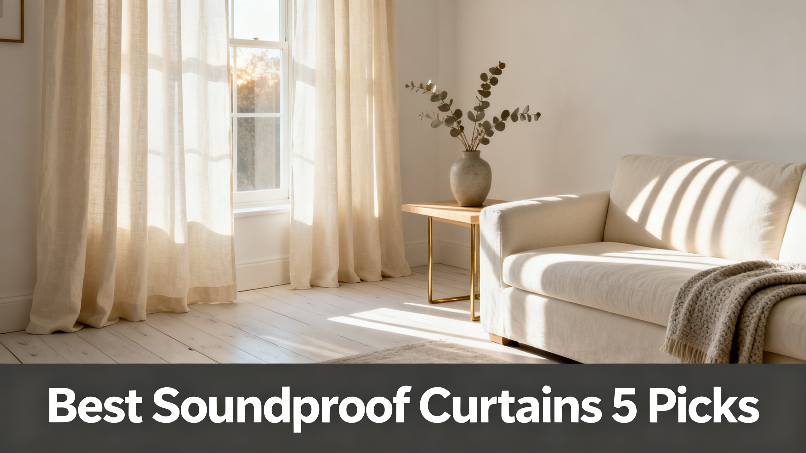 Scandinavian-modern interior at golden hour with window treatment, neutral palette, editorial home photography for Best Soundproof Curtains 5 Picks