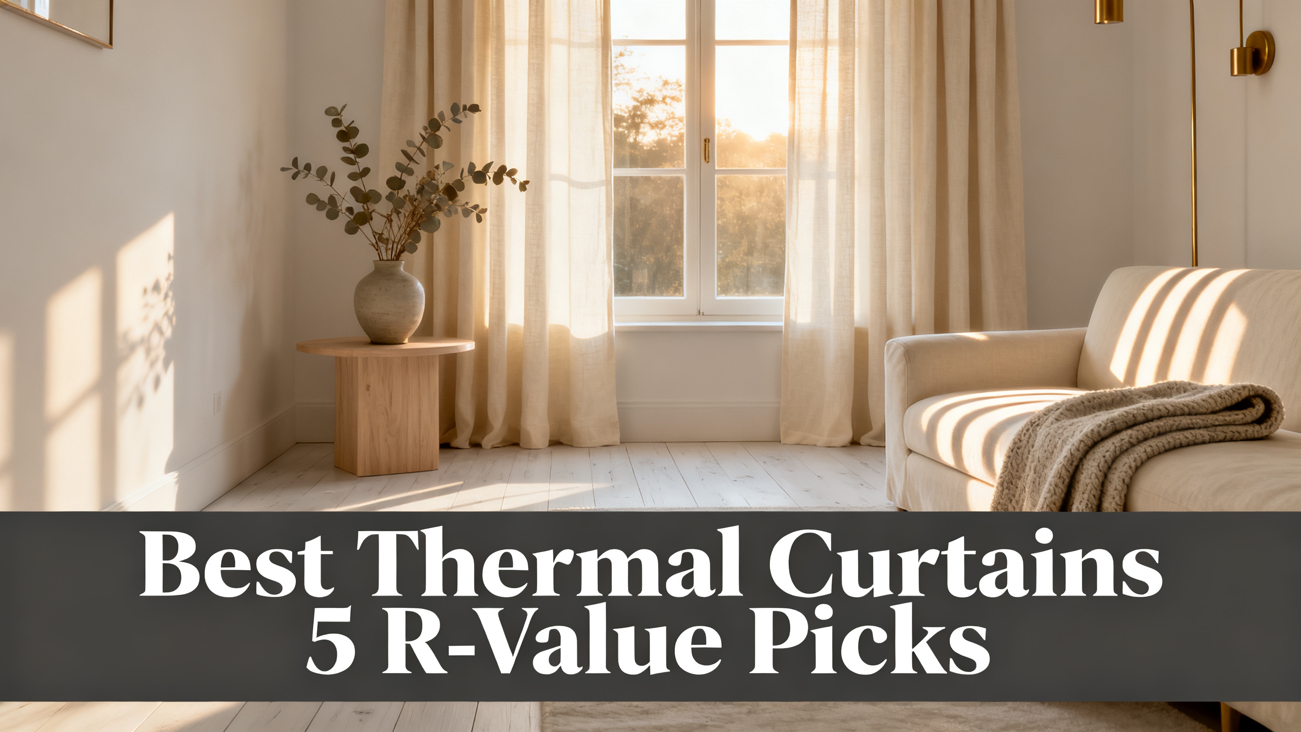 Scandinavian-modern interior at golden hour with window treatment, neutral palette, editorial home photography for Best Thermal Curtains 5 R-Value Picks