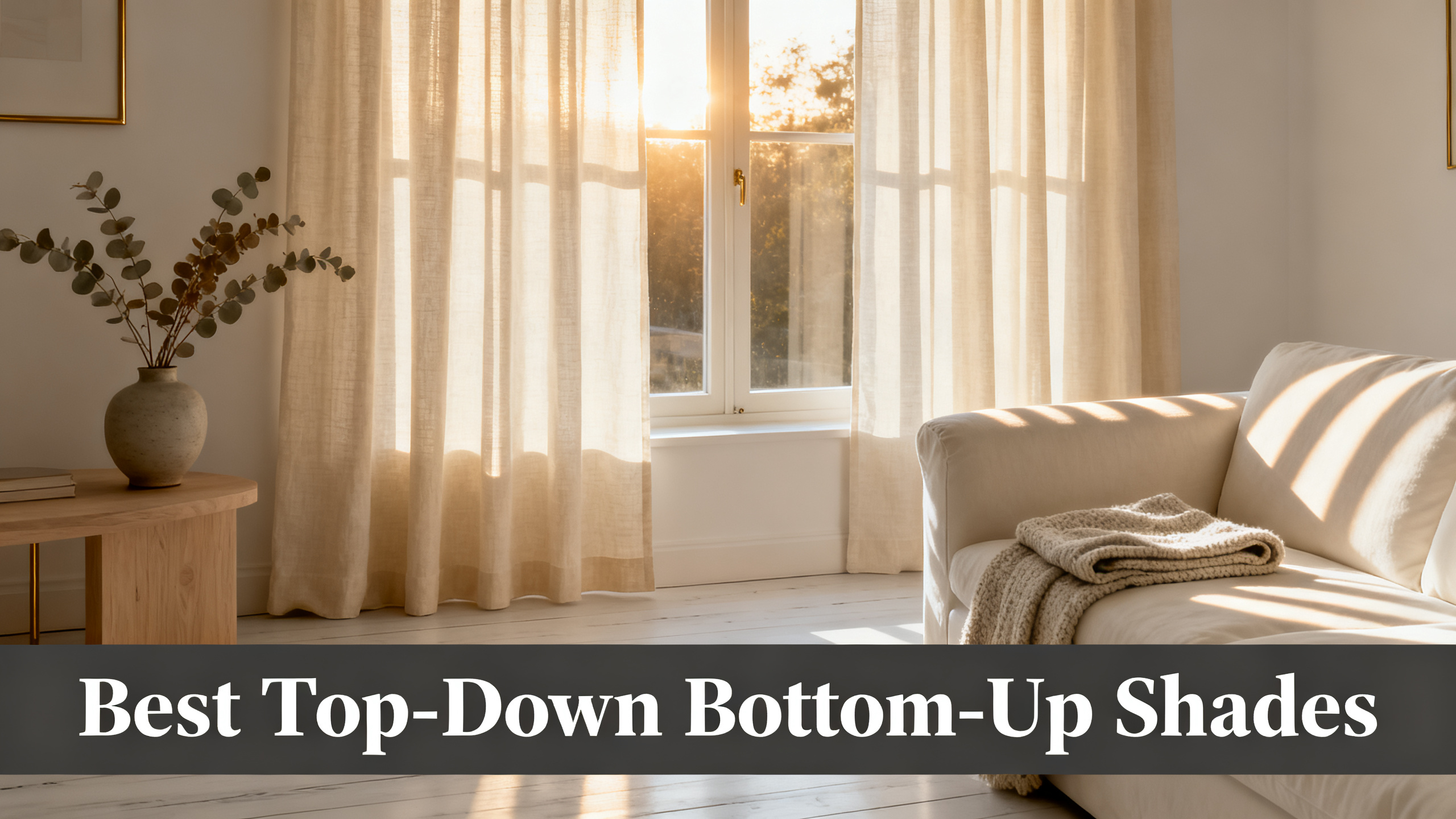 Scandinavian-modern interior at golden hour with window treatment, neutral palette, editorial home photography for Best Top-Down Bottom-Up Shades
