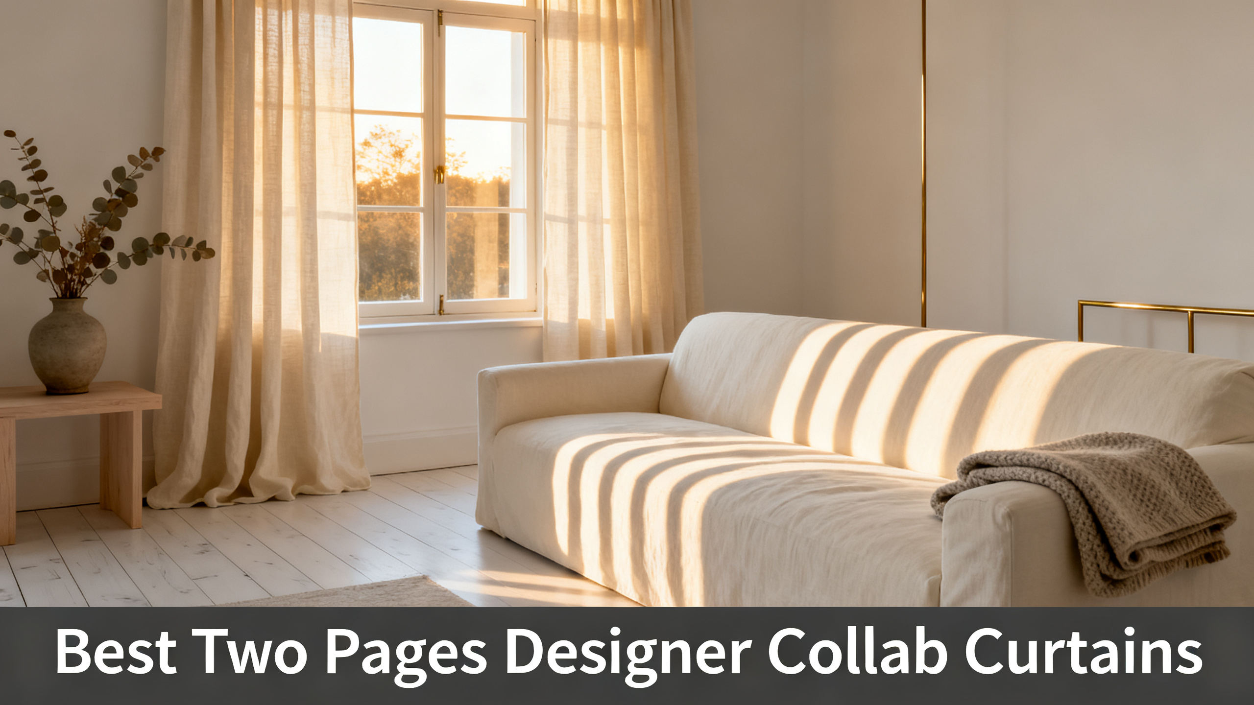 Scandinavian-modern interior at golden hour with window treatment, neutral palette, editorial home photography for Best Two Pages Designer Collab Curtains