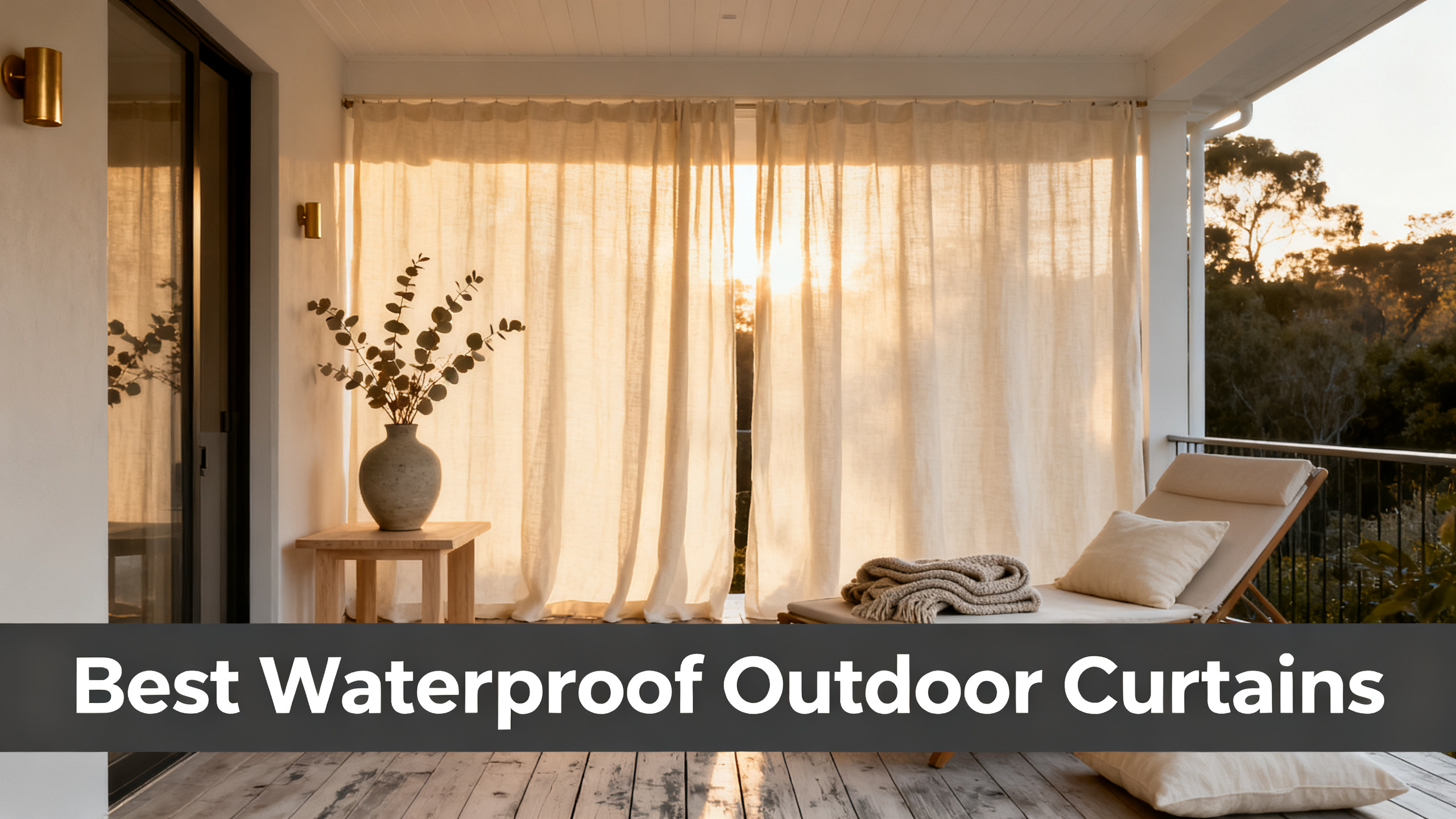 Scandinavian-modern interior at golden hour with window treatment, neutral palette, editorial home photography for Best Waterproof Outdoor Curtains