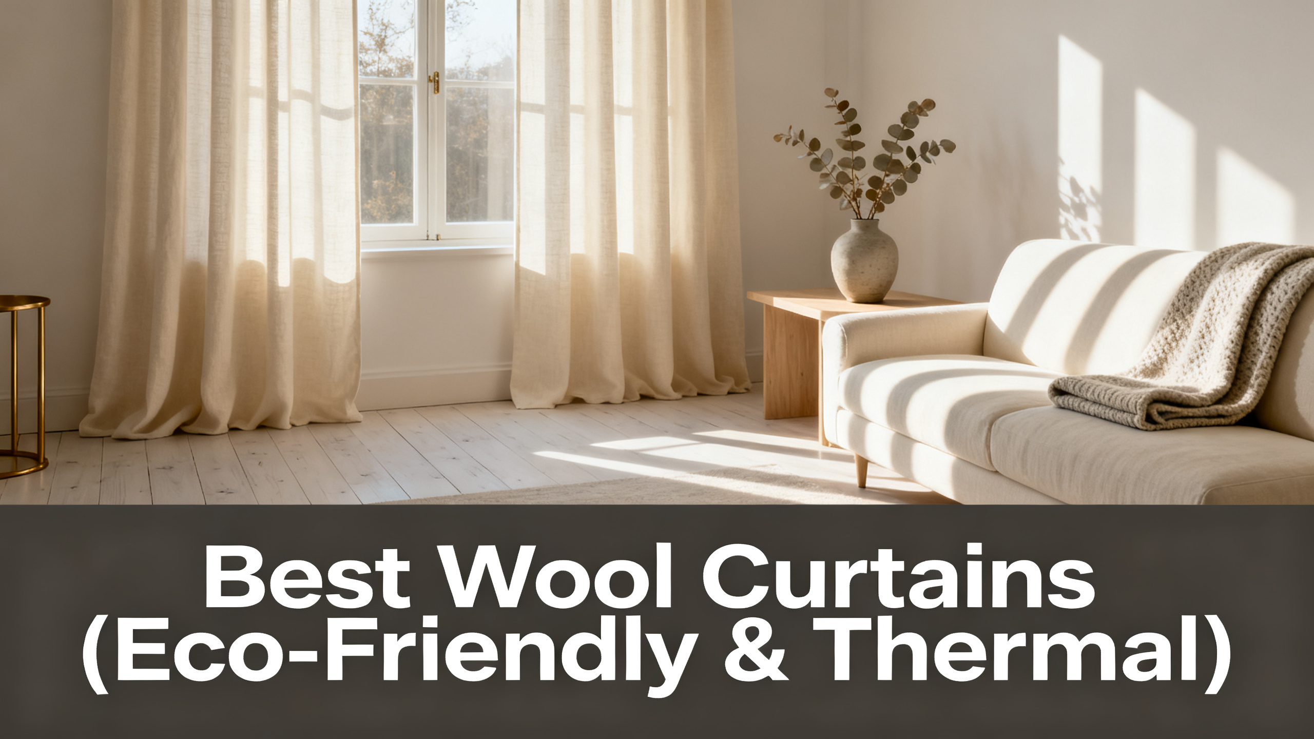 Scandinavian-modern interior at golden hour with window treatment, neutral palette, editorial home photography for Best Wool Curtains (Eco-Friendly & Thermal)