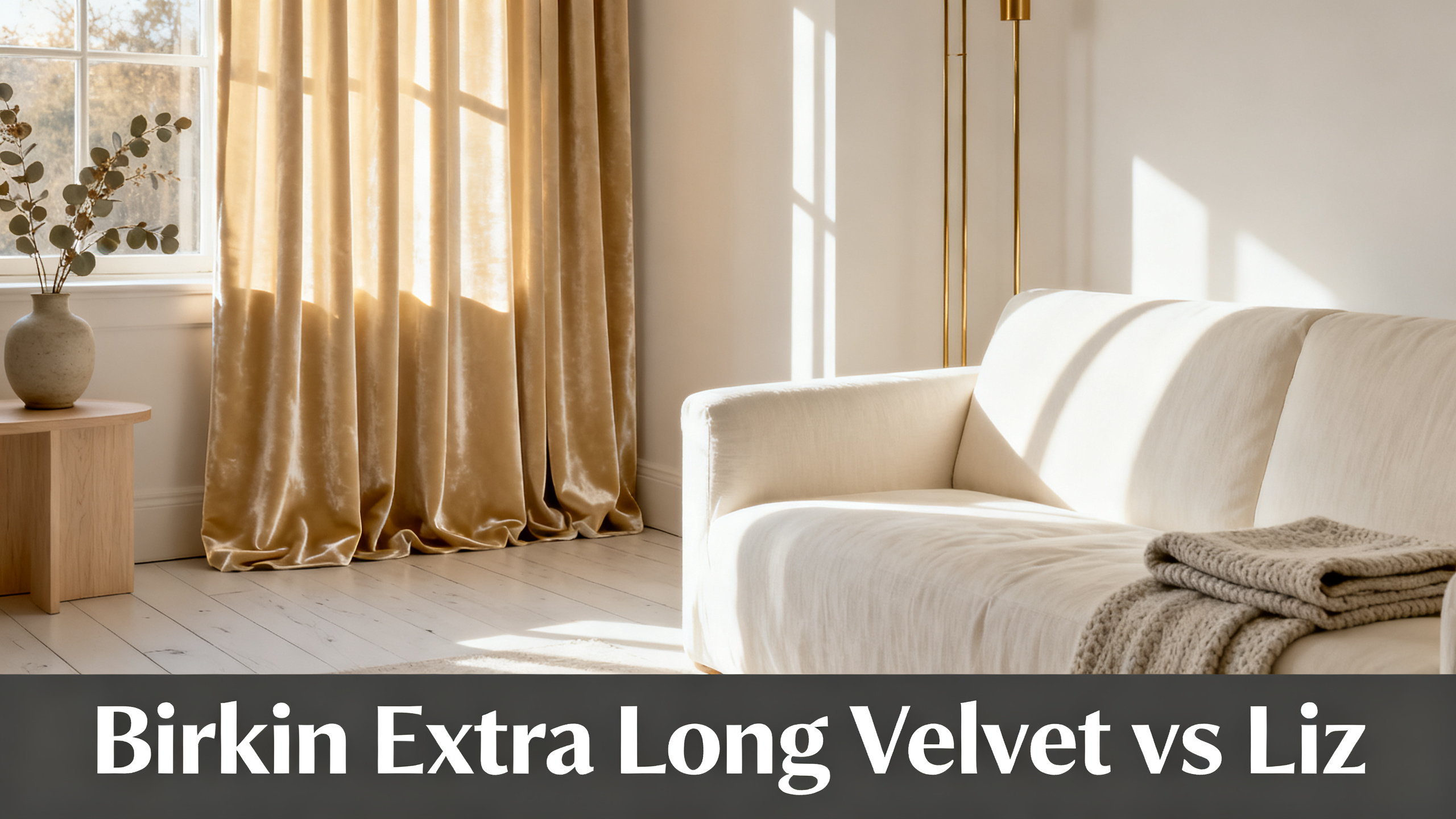 Scandinavian-modern interior at golden hour with window treatment, neutral palette, editorial home photography for Birkin Extra Long Velvet vs Liz
