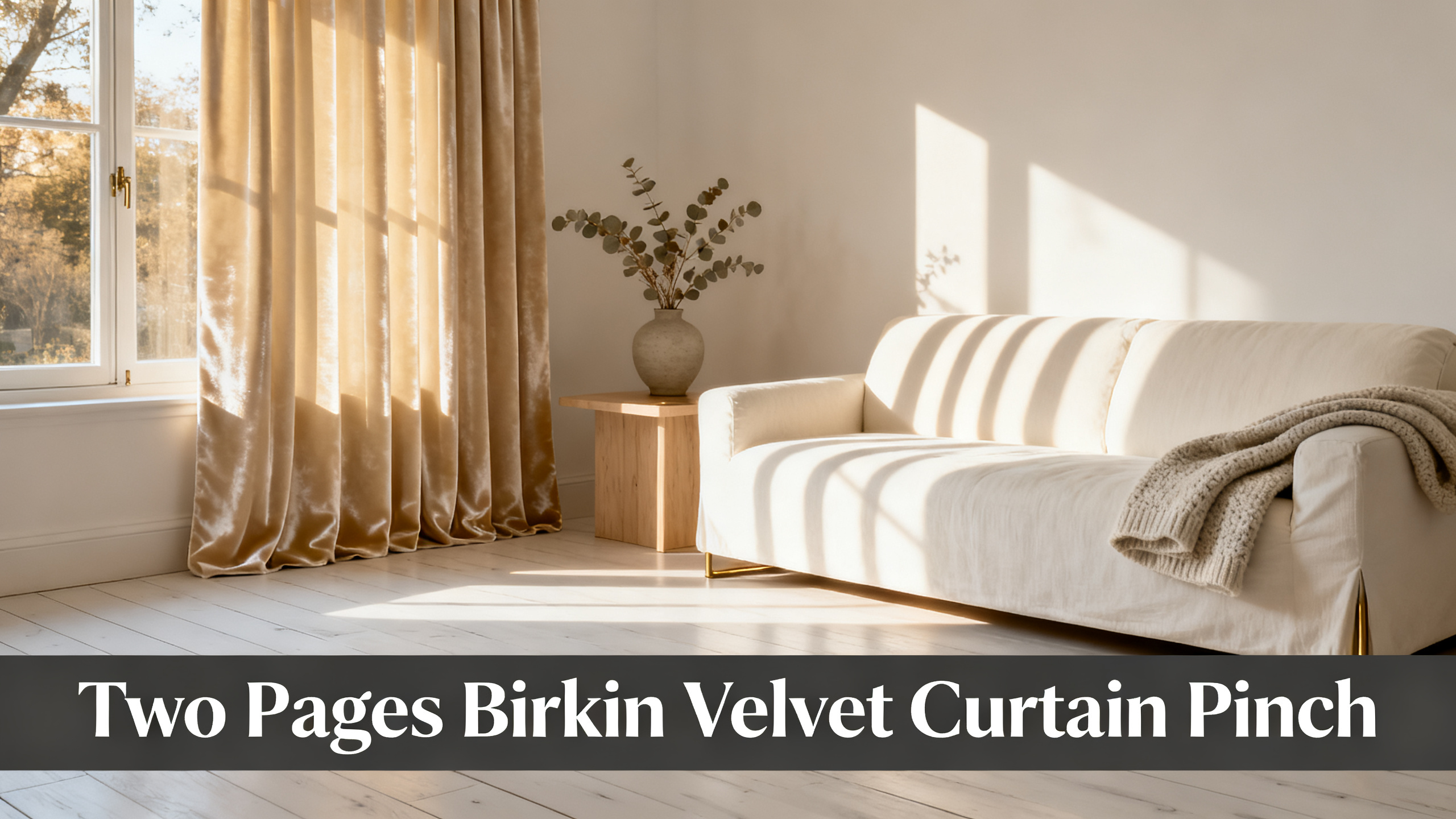 Scandinavian-modern interior at golden hour with window treatment, neutral palette, editorial home photography for Two Pages Birkin Velvet Curtain Pinch