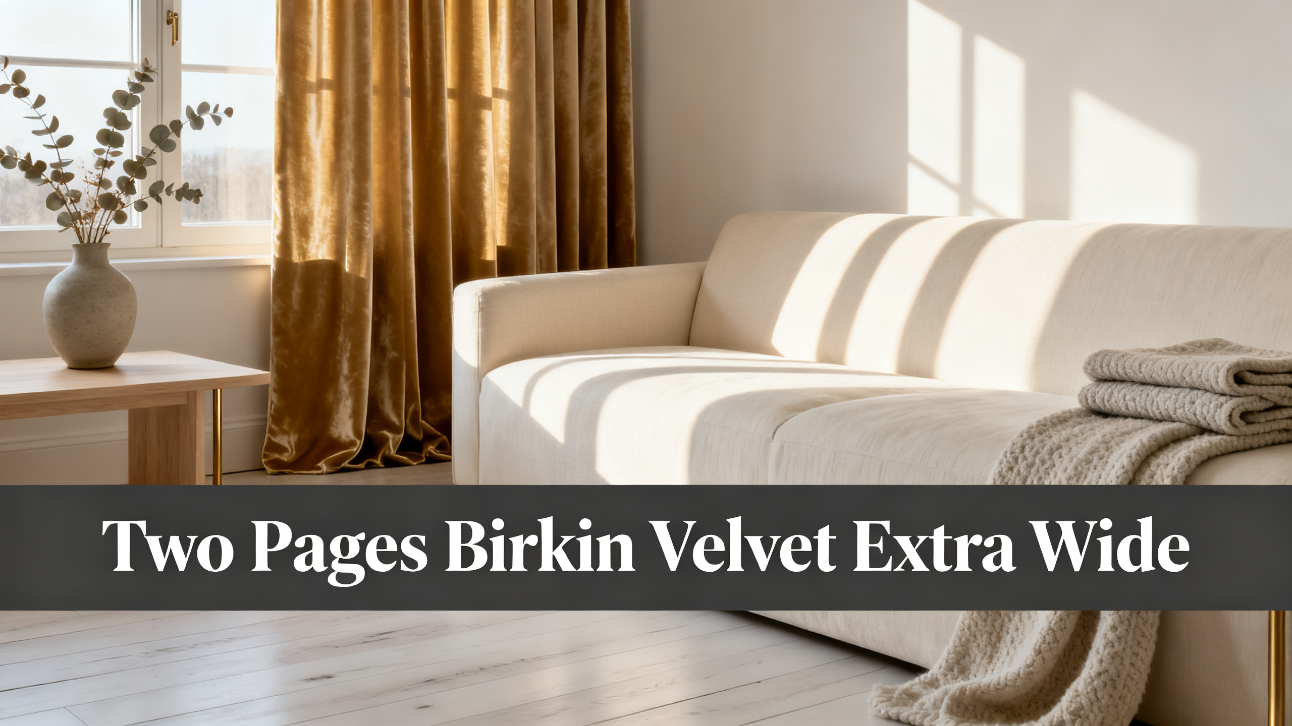 Scandinavian-modern interior at golden hour with window treatment, neutral palette, editorial home photography for Two Pages Birkin Velvet Extra Wide