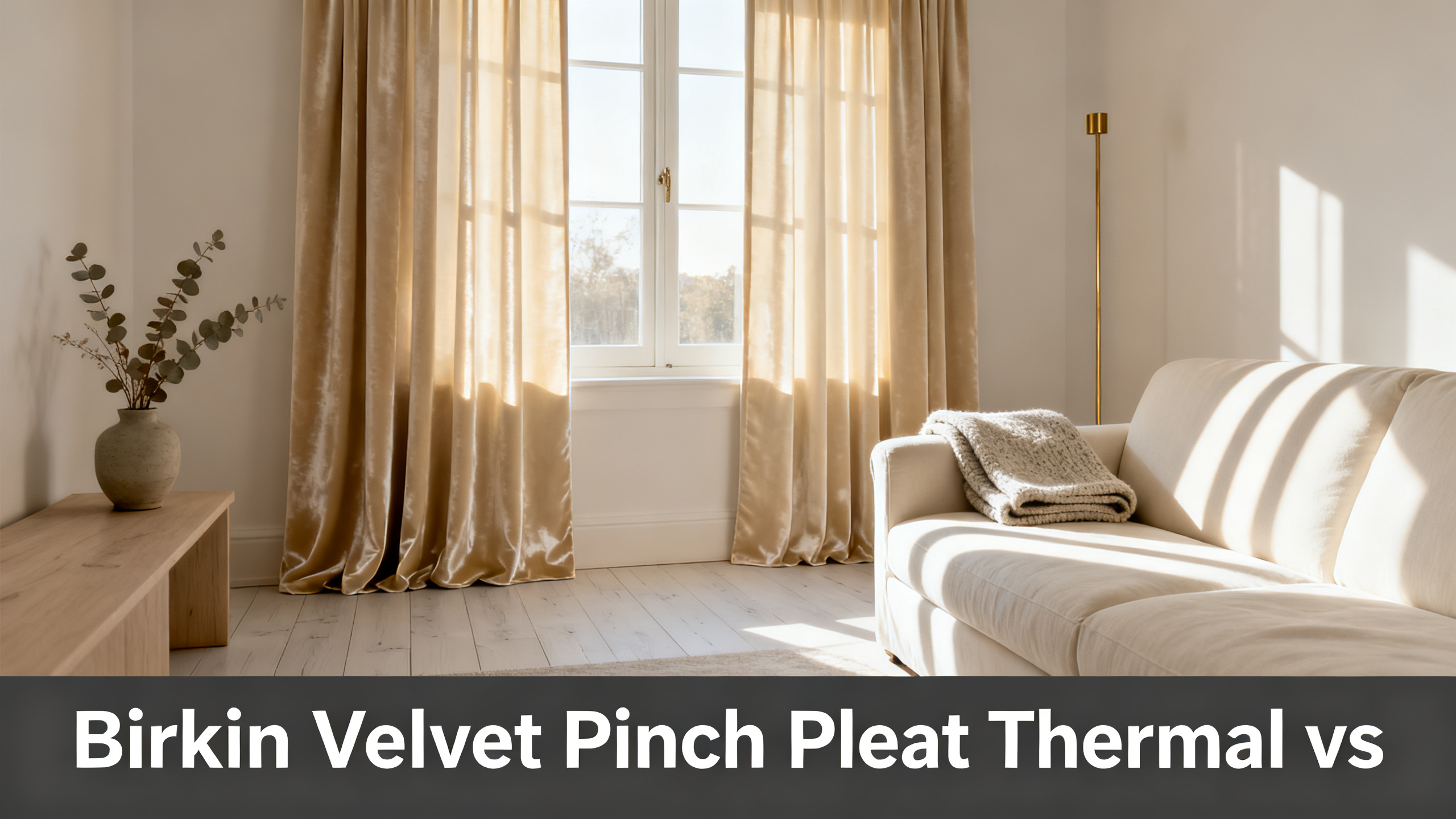 Scandinavian-modern interior at golden hour with window treatment, neutral palette, editorial home photography for Birkin Velvet Pinch Pleat Thermal vs