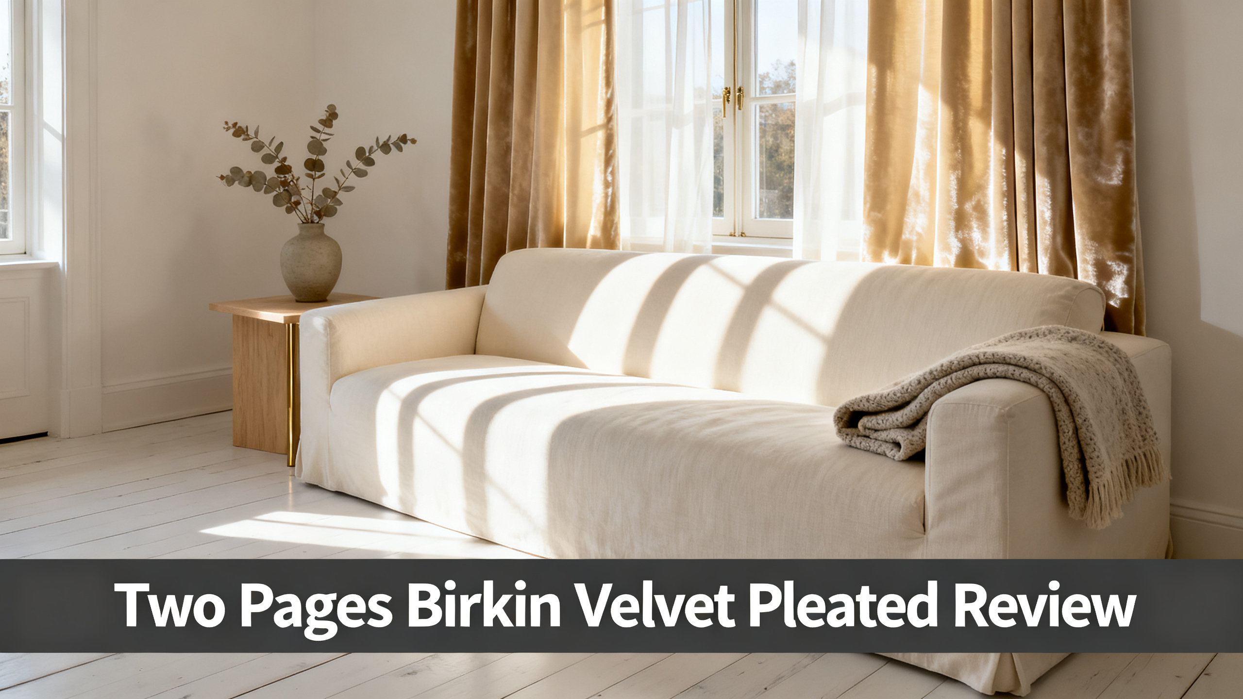 Scandinavian-modern interior at golden hour with window treatment, neutral palette, editorial home photography for Two Pages Birkin Velvet Pleated Review