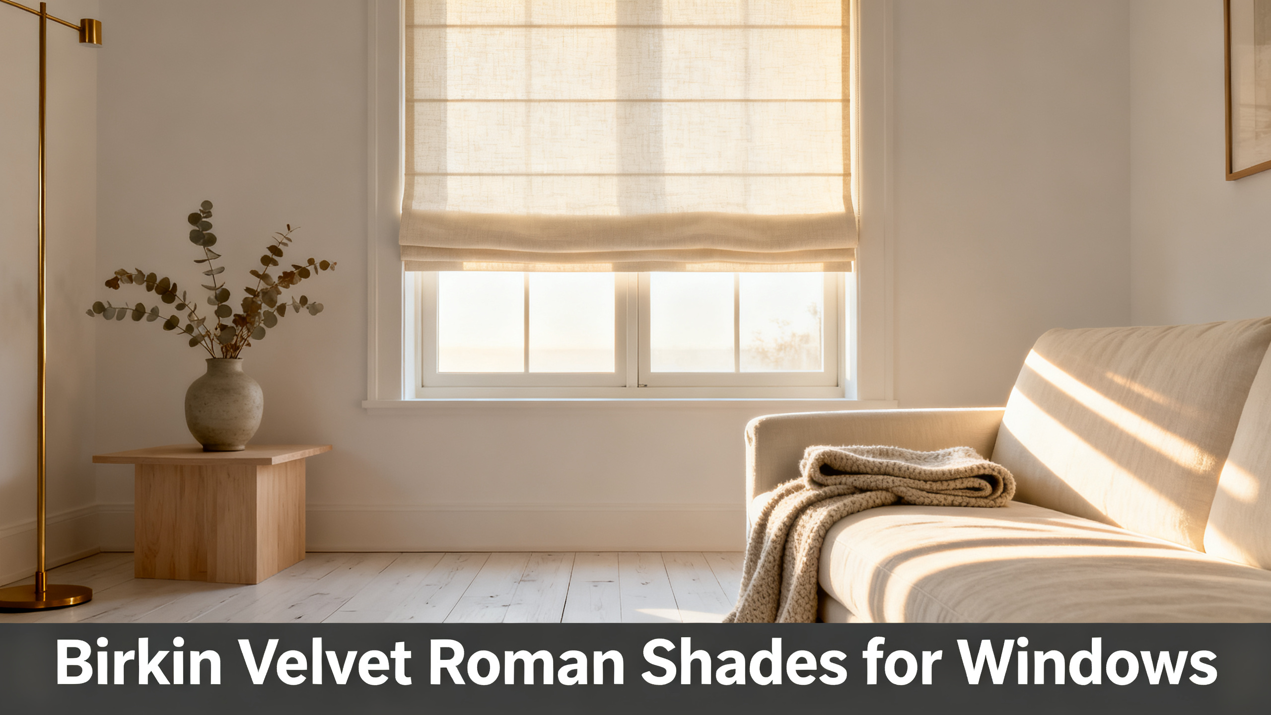 Scandinavian-modern interior at golden hour with window treatment, neutral palette, editorial home photography for Birkin Velvet Roman Shades for Windows