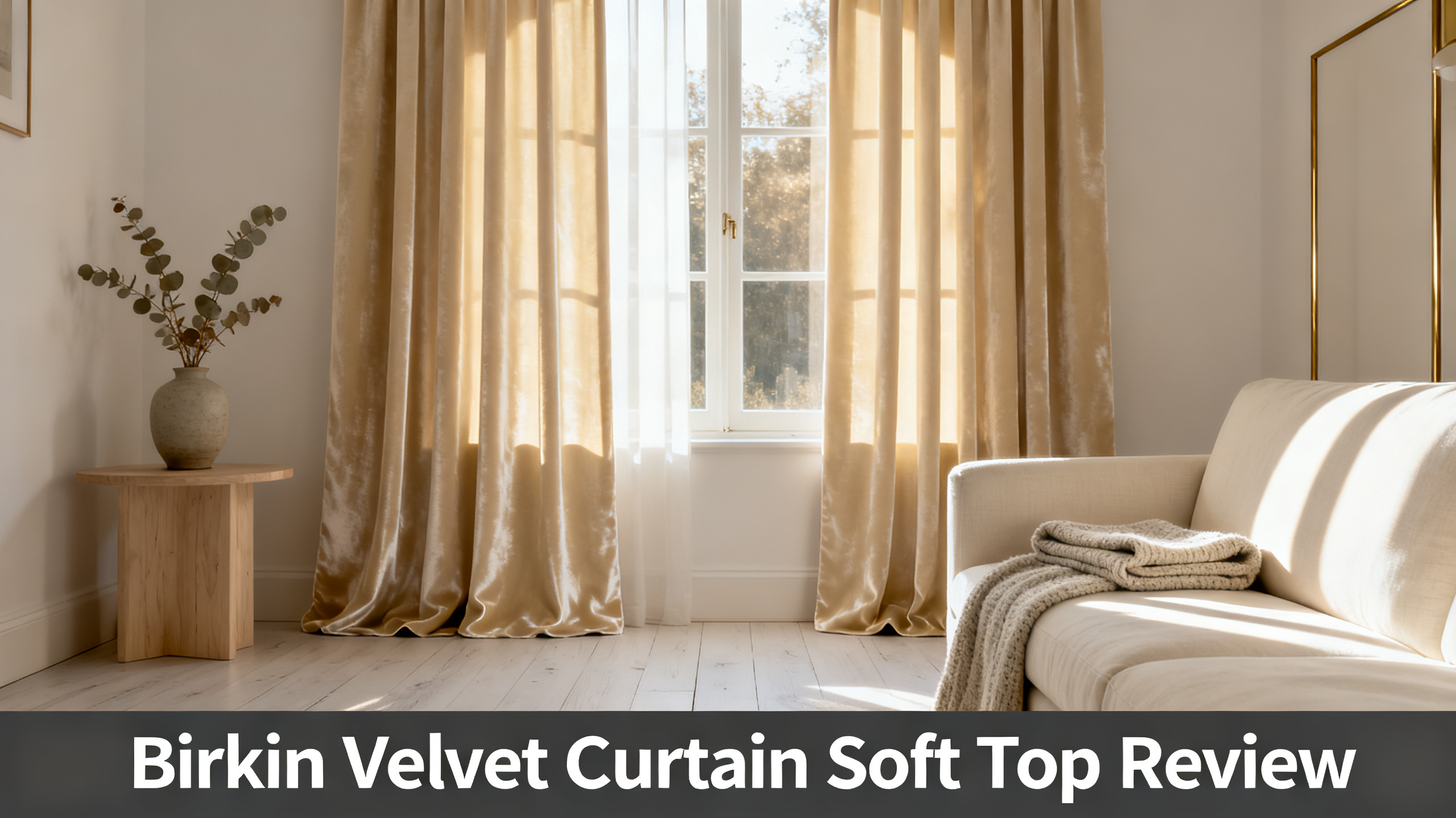 Scandinavian-modern interior at golden hour with window treatment, neutral palette, editorial home photography for Birkin Velvet Curtain Soft Top Review