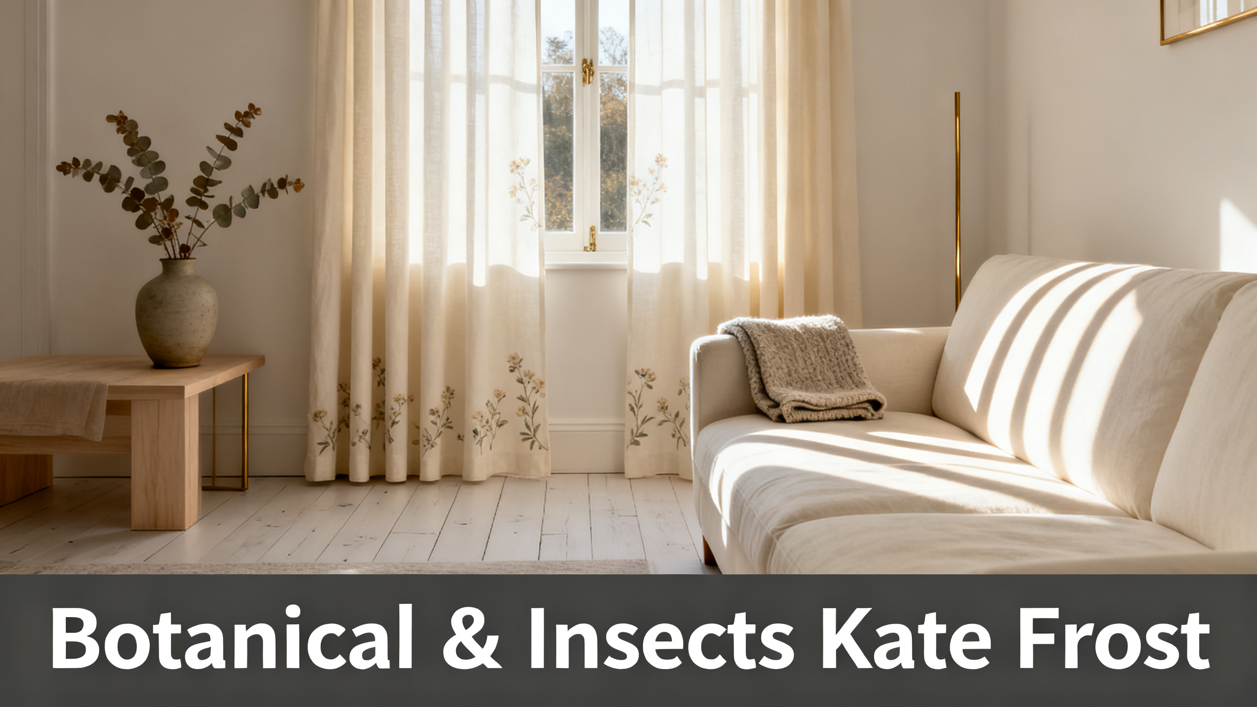 Scandinavian-modern interior at golden hour with window treatment, neutral palette, editorial home photography for Botanical & Insects Kate Frost