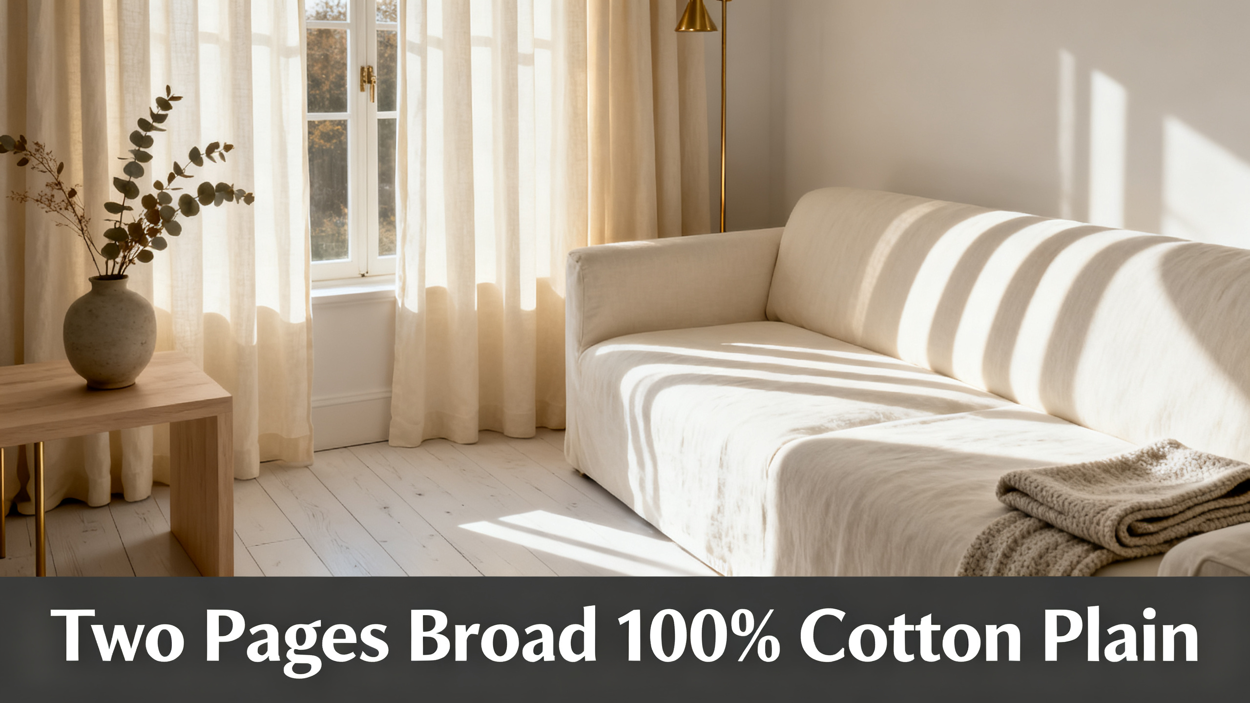 Scandinavian-modern interior at golden hour with window treatment, neutral palette, editorial home photography for Two Pages Broad 100% Cotton Plain